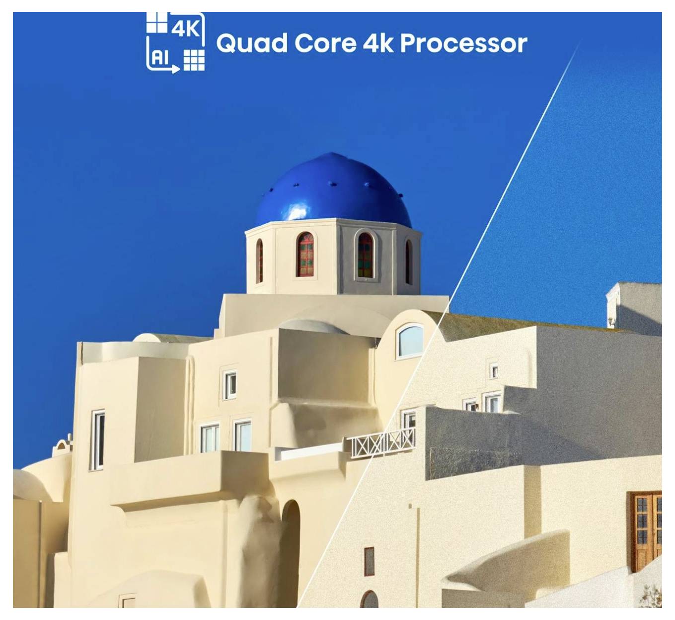 Quad-Core-4K-Prozessor mit einem Bild eines weißen Gebäudes mit einer blauen Kuppel unter einem klaren blauen Himmel.
