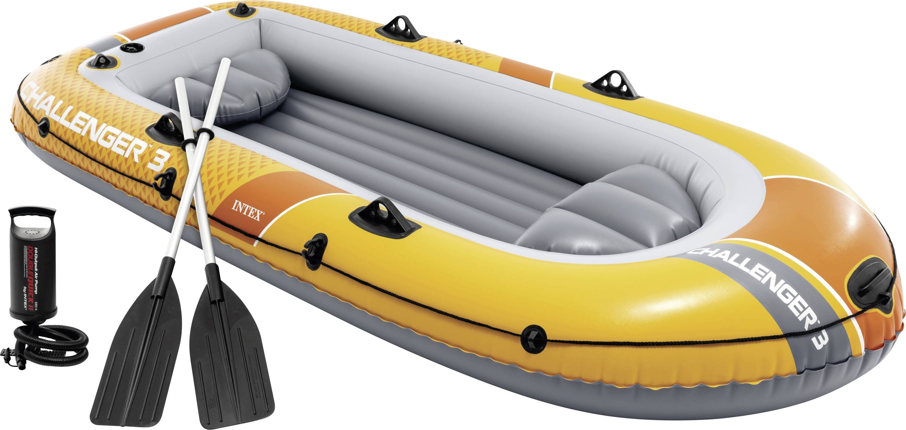 Gelbes und graues aufblasbares Boot mit der Beschriftung 