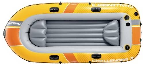 Ein gelb-orange aufblasbares Boot mit der Bezeichnung „Challenger 2