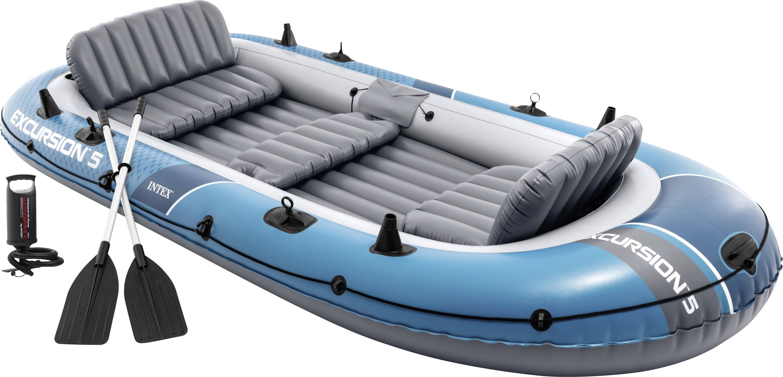 Blau-graues aufblasbares Boot mit drei Sitzen, vier Ruderdollen, einer Handpumpe und zwei schwarzen Rudern, entworfen für Freizeitzwecke.