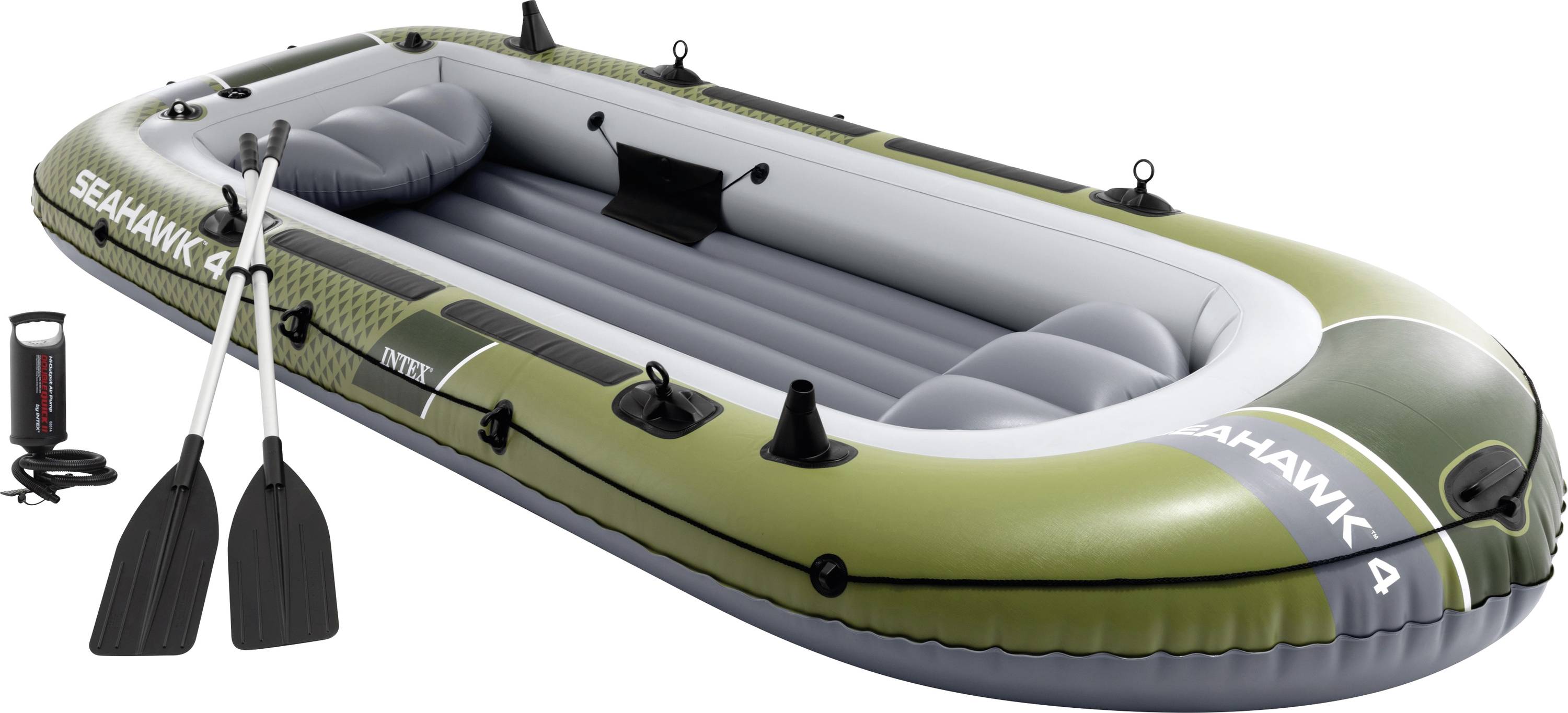Ein aufblasbares Boot mit grünen und weißen Farben, beschriftet mit „Seahawk 4