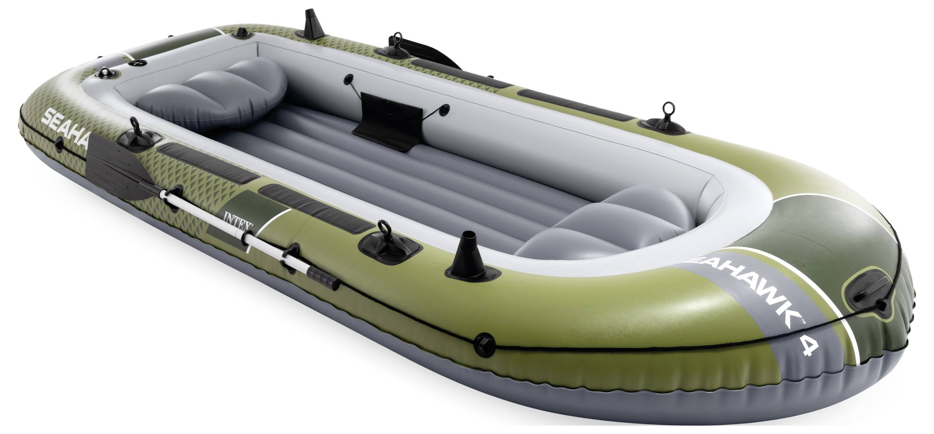 Ein aufblasbares grün-graues Schlauchboot mit Sitzplätzen für vier Personen, auf der Seite mit „Seahawk 4