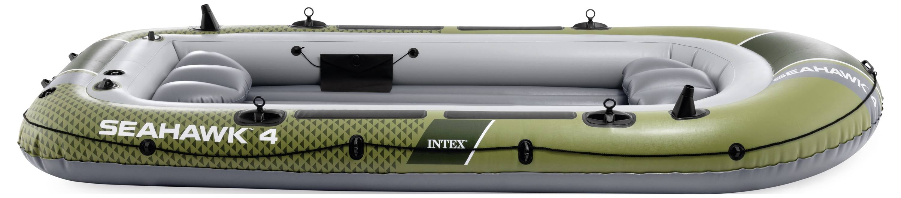 Ein grünes und graues aufblasbares Boot mit der Bezeichnung „Seahawk 4 Intex