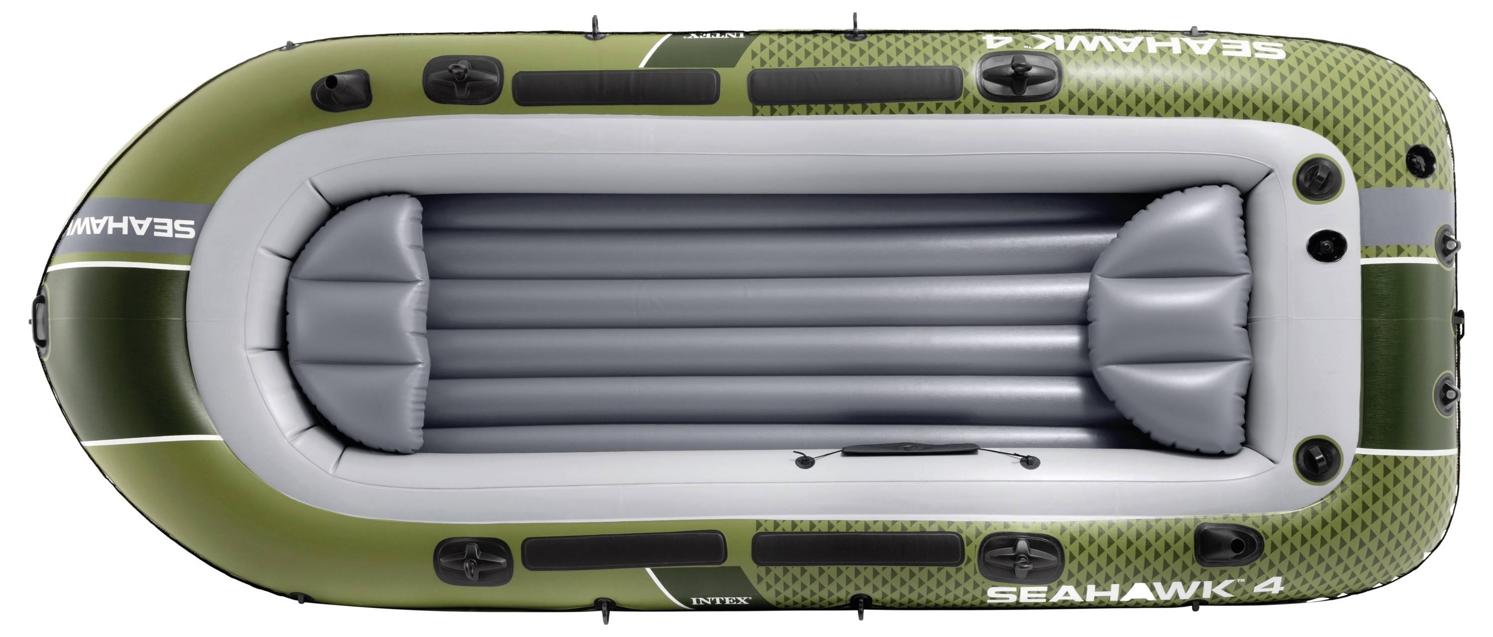 Draufsicht eines grünen und grauen aufblasbaren Bootes mit der Bezeichnung „Seahawk 4
