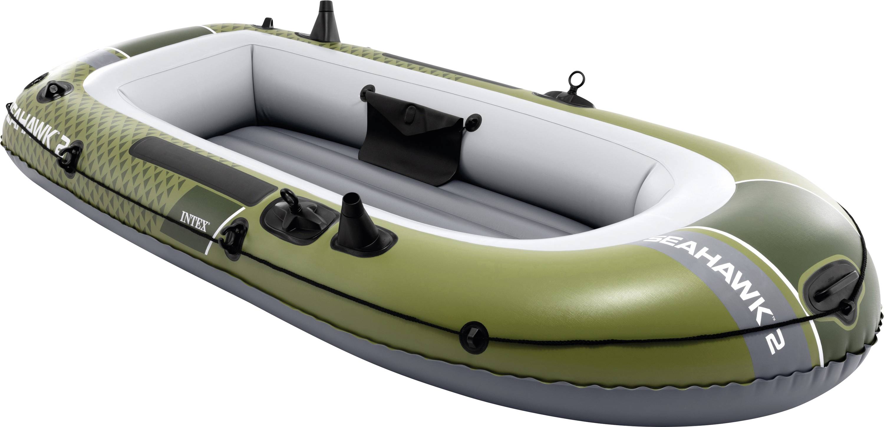 Ein grünes und weißes aufblasbares Boot mit dem Namen 