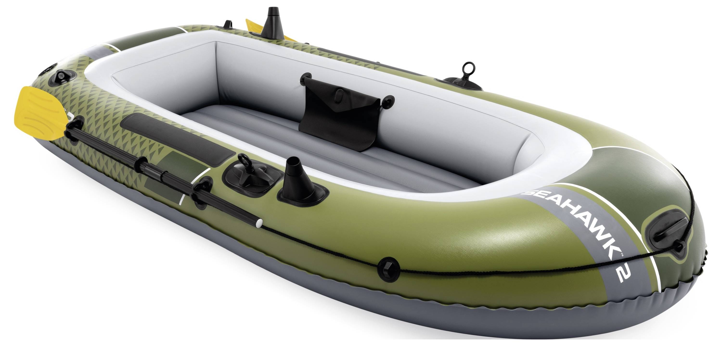 Grünes und weißes aufblasbares Boot mit der Aufschrift „SEAHAWK 2