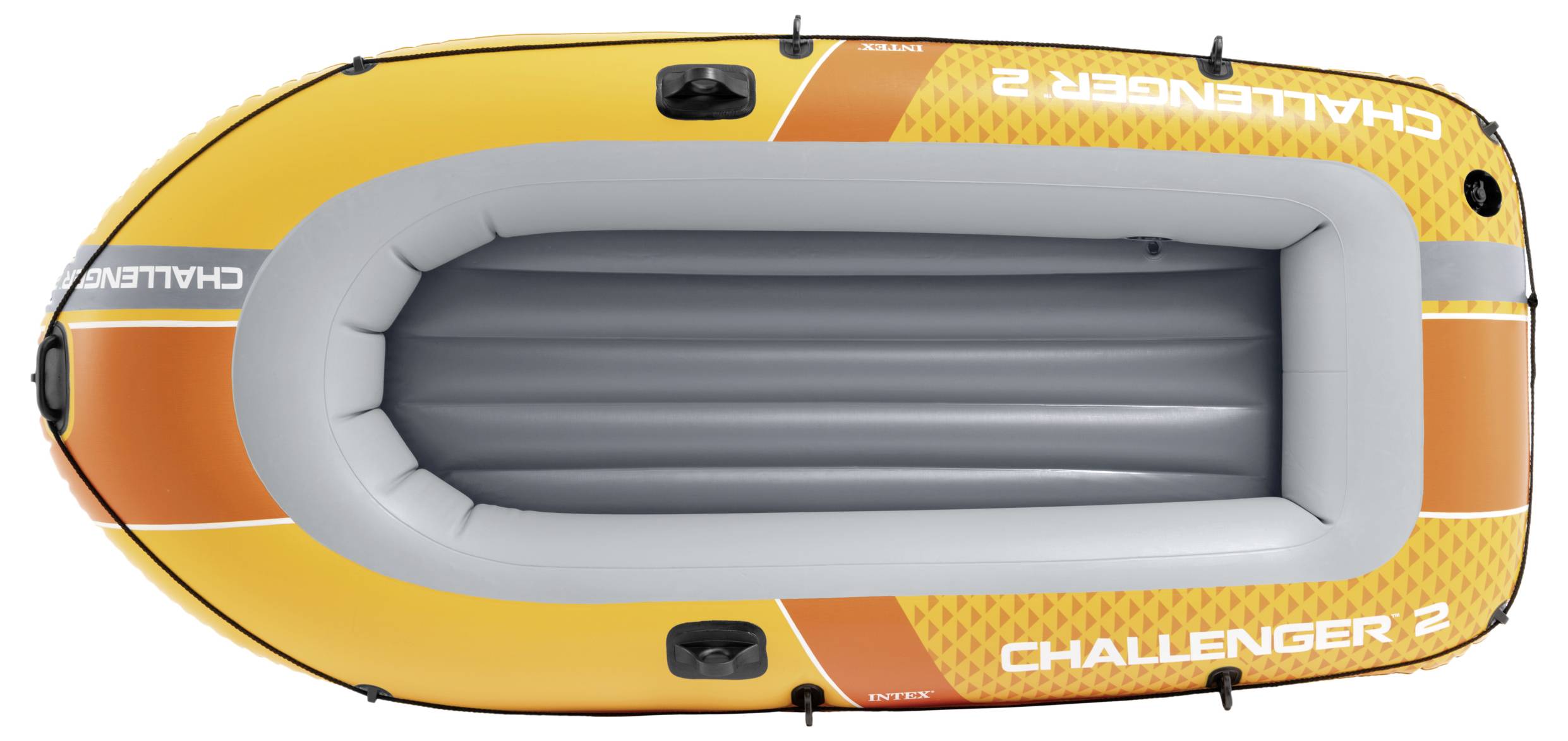 Draufsicht eines orangefarbenen aufblasbaren Bootes mit der Bezeichnung „Challenger 2
