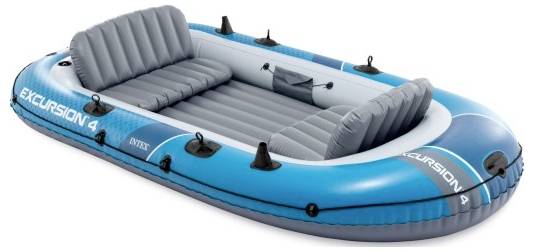 Ein blaues aufblasbares Schlauchboot mit der Bezeichnung „EXCURSION 4