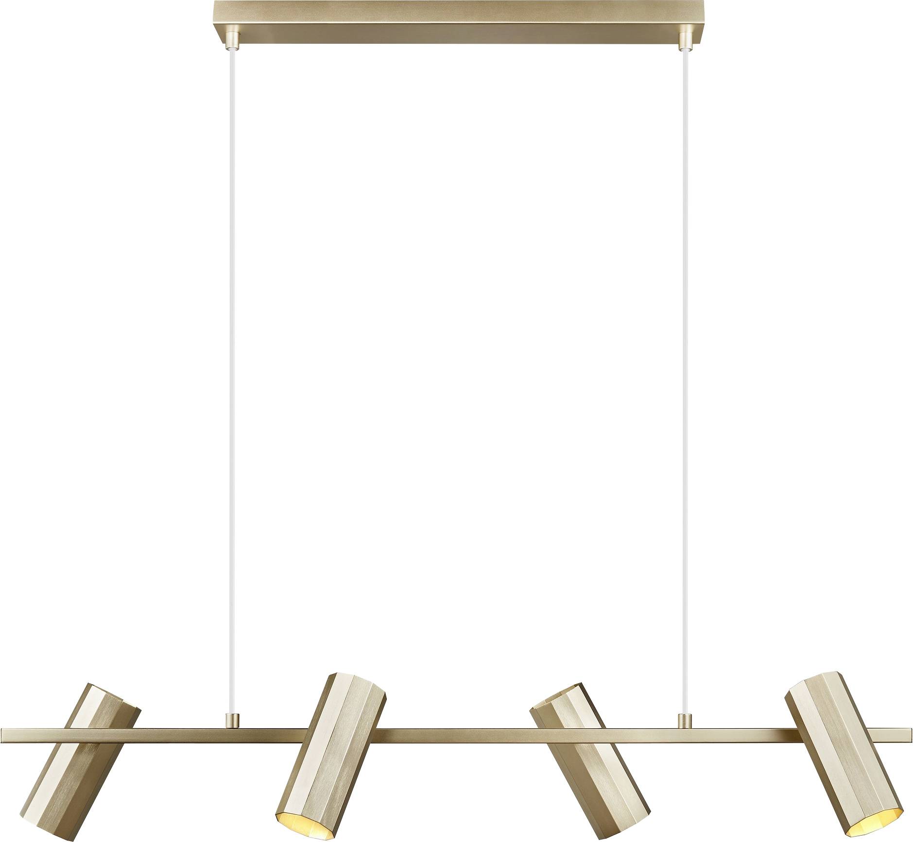 Moderne Deckenleuchte aus Gold mit fünf verstellbaren Spotlights auf einer linearen Schiene, aufgehängt von zwei Seilen an einer rechteckigen Halterung.