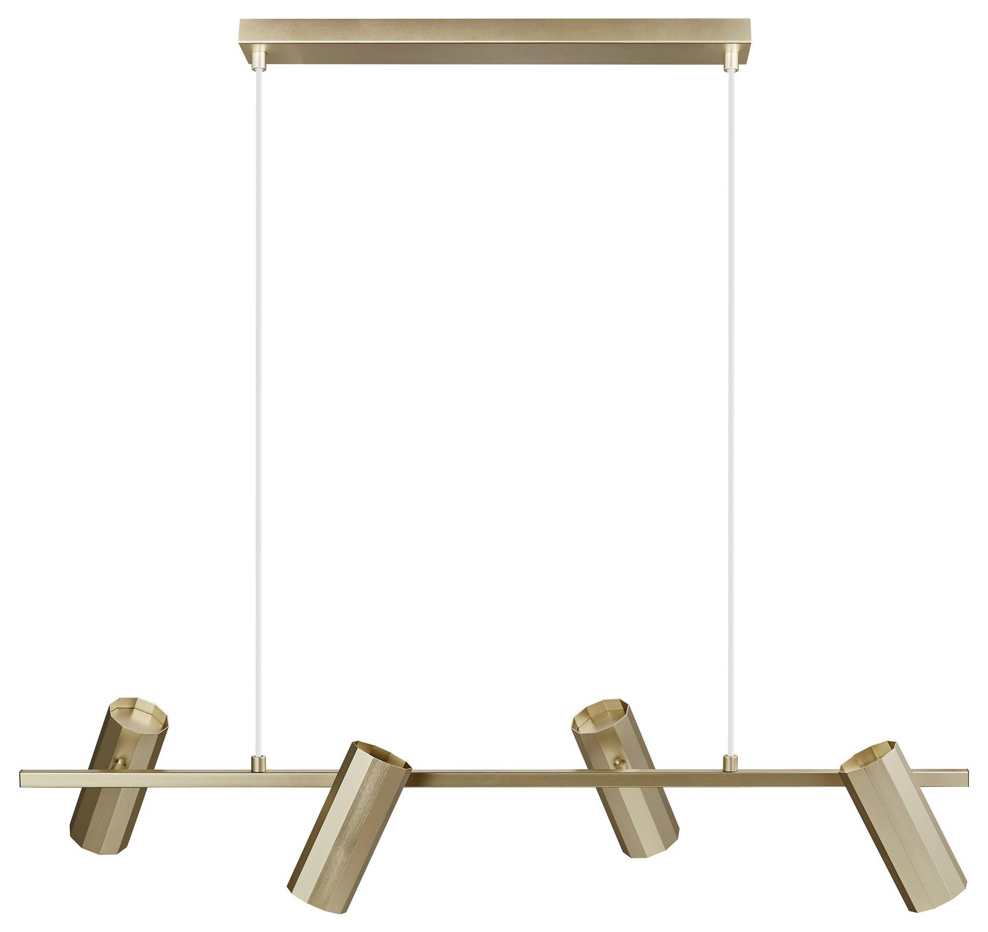 Eine moderne Pendelleuchte mit vier verstellbaren zylindrischen Lampen in Goldausführung, aufgehängt an einer rechteckigen Golddeckenmontageplatte.