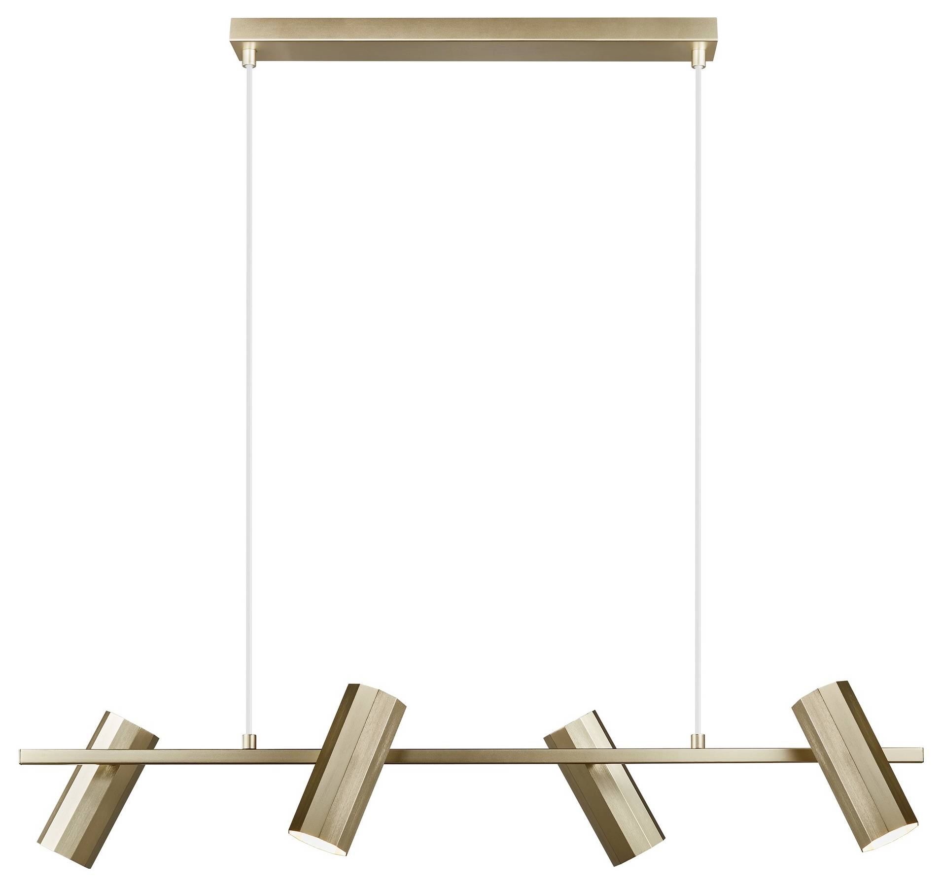 Ein moderner Goldleuchter mit vier verstellbaren zylindrischen Leuchten, die an einem rechteckigen Rahmen von einer Deckenbefestigung hängen.