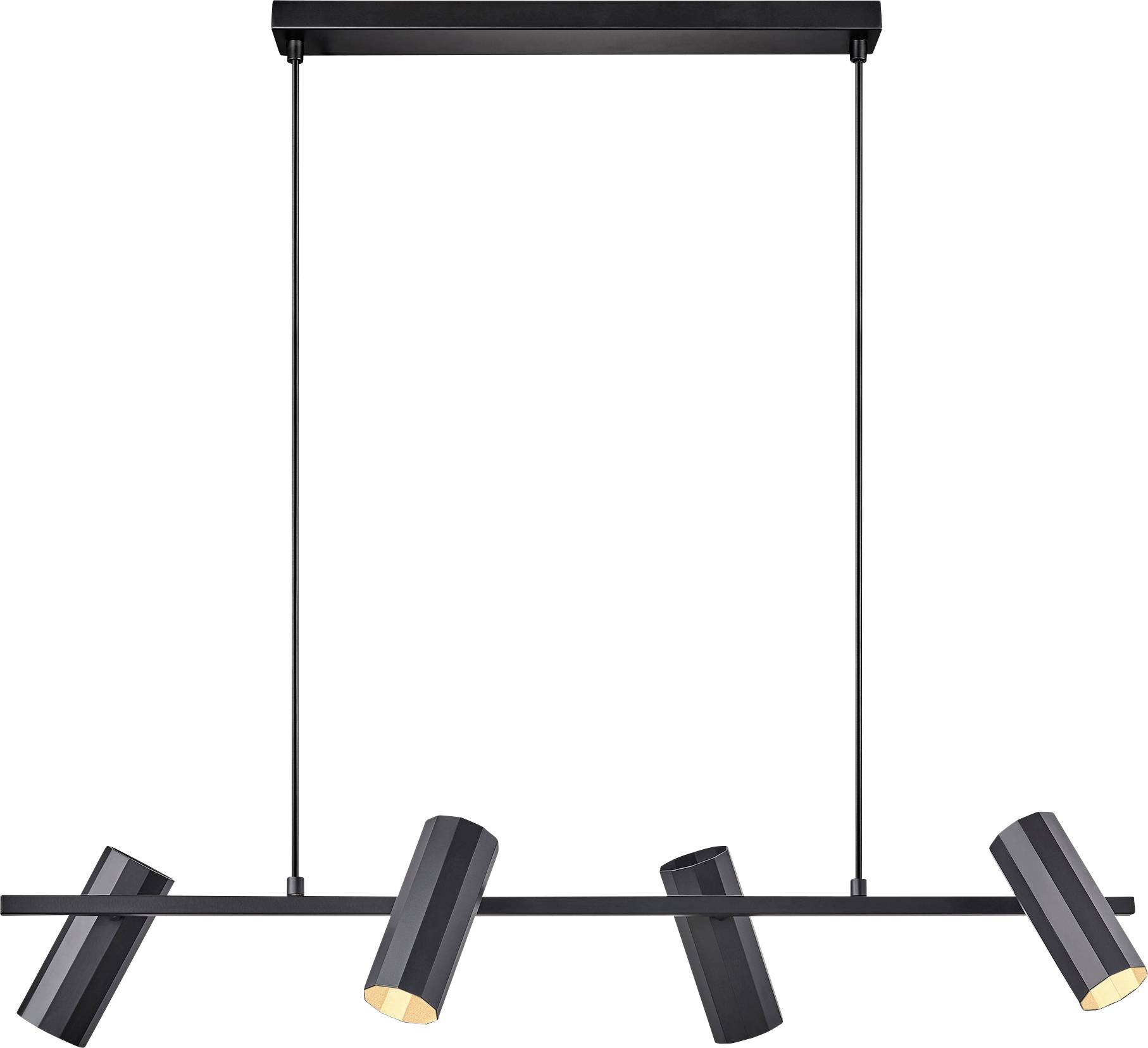 Eine moderne, schwarze, an der Decke montierte Leuchte mit fünf verstellbaren zylindrischen Leuchtenköpfen, die in einem linearen Muster angeordnet sind.