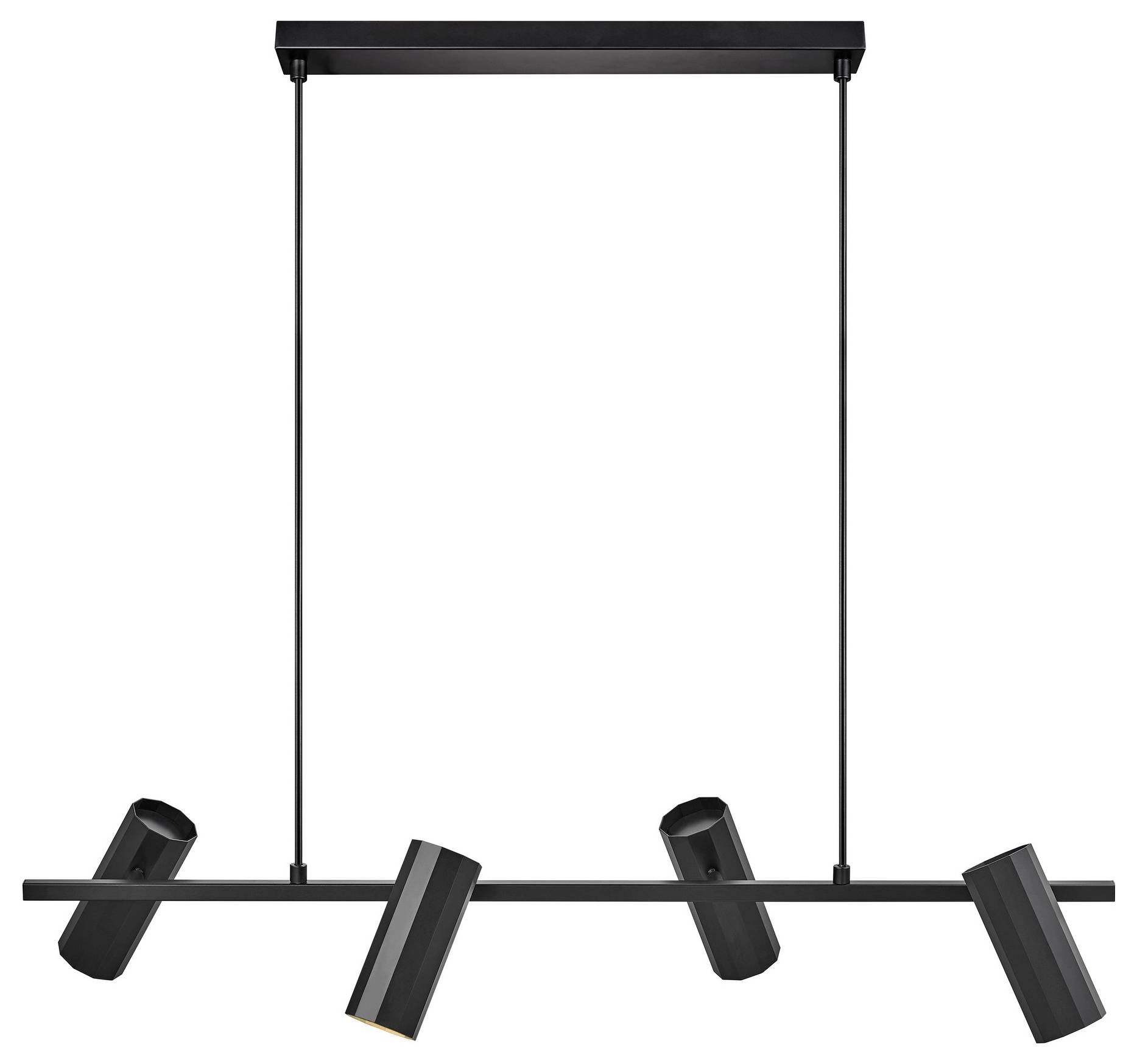 An der Decke montierte schwarze lineare Leuchte mit vier verstellbaren Spotlights, die in verschiedene Richtungen ausgerichtet sind.