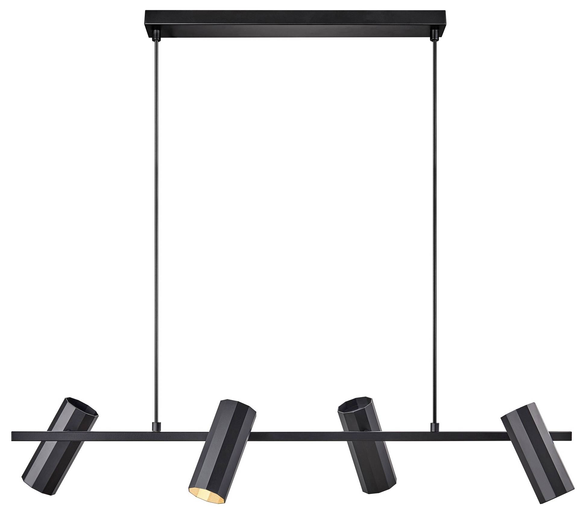 Modernes schwarzes Pendelleuchten-Set mit vier verstellbaren zylindrischen Leuchtenköpfen, die von einer rechteckigen Deckenhalterung hängen.
