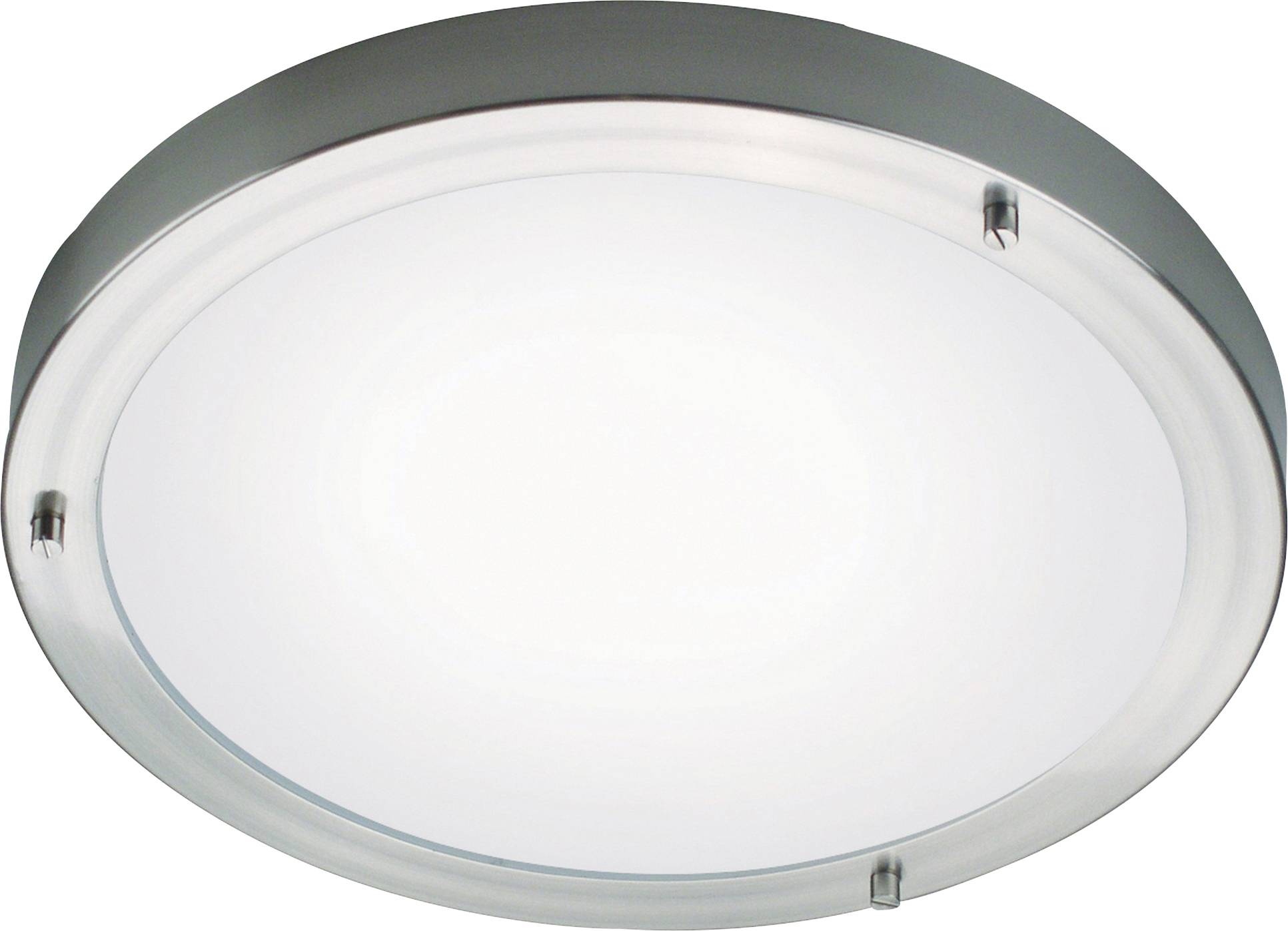 Ein rundes, bündig in der Decke montiertes Deckenleuchte mit mattiertem Glasabdeckung und metallischem Rand, entworfen für die Innenbeleuchtung.