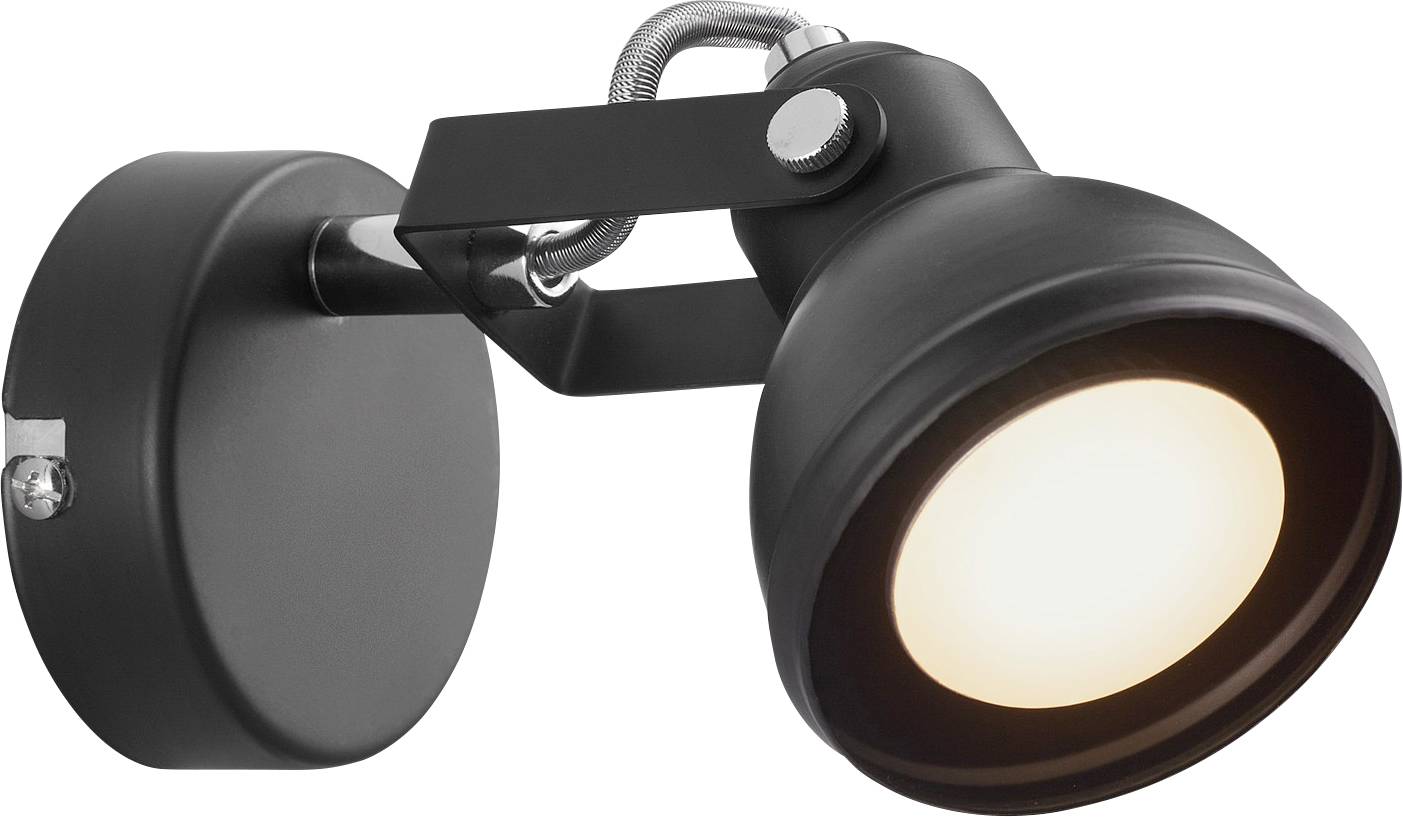 Ein eleganter schwarzer, an der Wand montierter Spot mit runder Basis und verstellbarem Arm, der ein helles kreisförmiges Licht wirft und sich für Akzentbeleuchtung eignet.