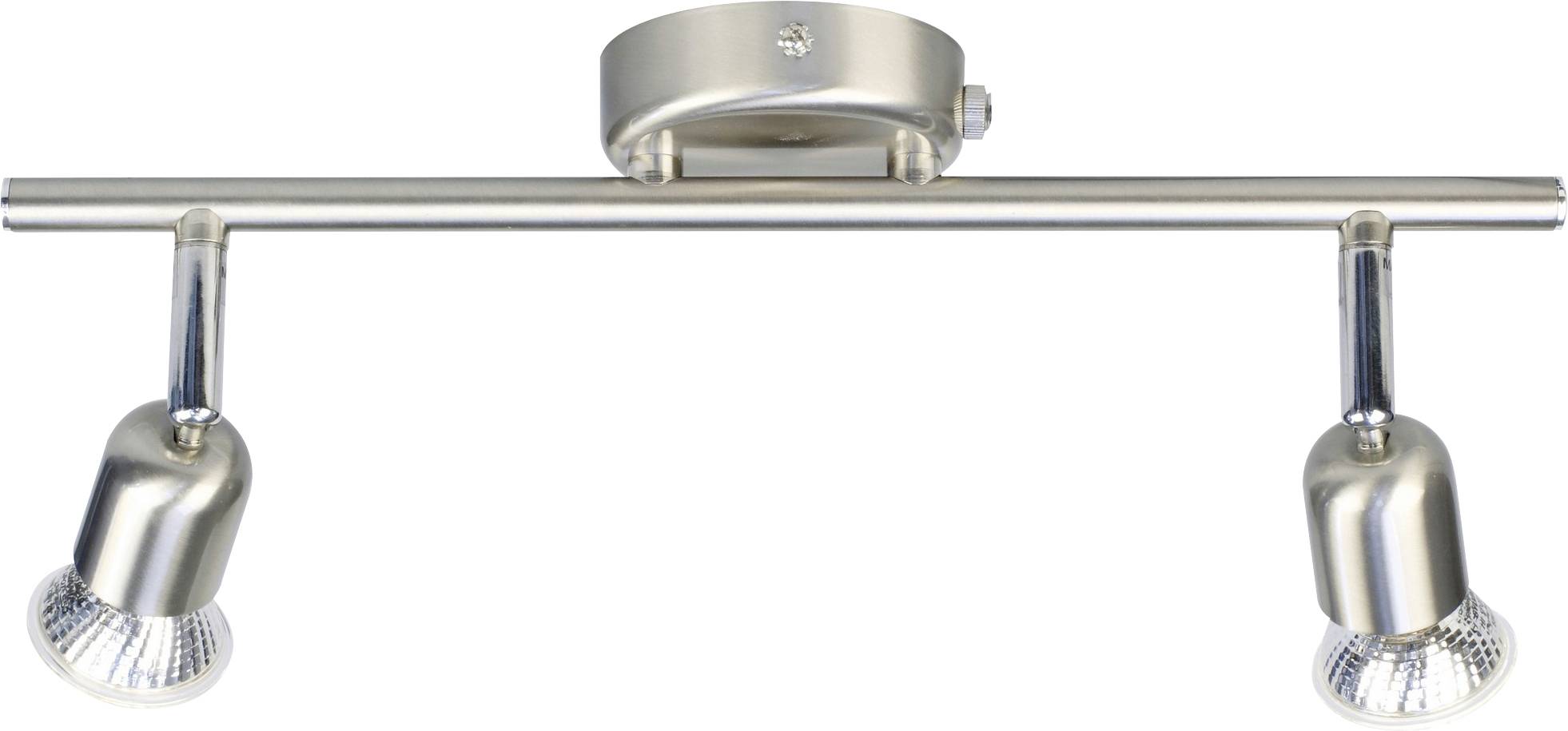 Eine moderne, an der Decke montierte Metallleuchte mit zwei verstellbaren Spotlightlampen, die für gerichtete Beleuchtung in einem Raum konzipiert ist.