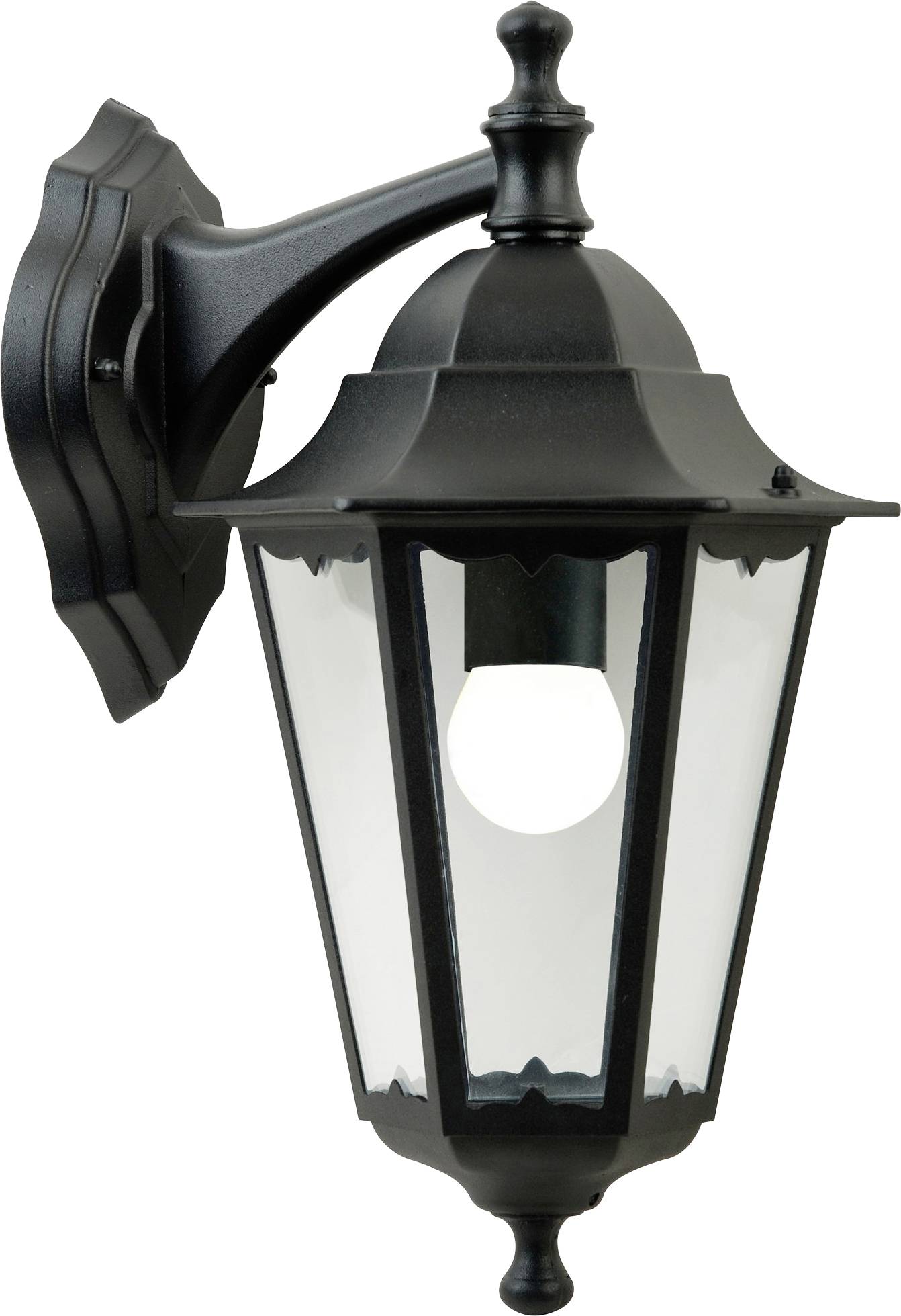 Eine schwarze, wandmontierte Außenleuchte mit klassischem Design, mit einer klaren Glaseinfassung und dekorativer Spitze oben.