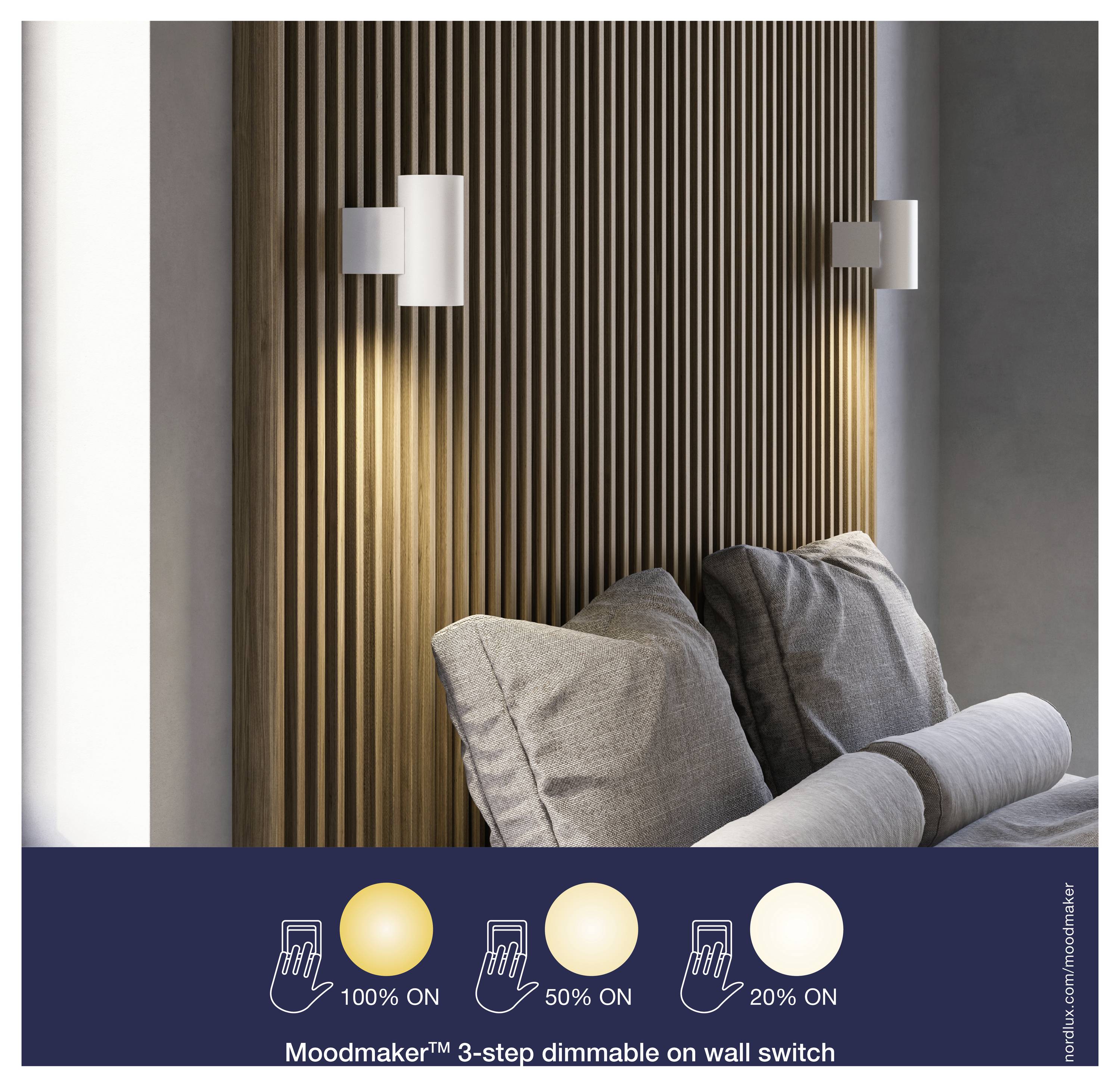 Nachttischwand mit vertikaler Holzverkleidung, beleuchtet durch zwei moderne weiße Wandleuchten. Darunter zeigen Symbole die Helligkeitsstufen an: 100%, 50%, 20%.