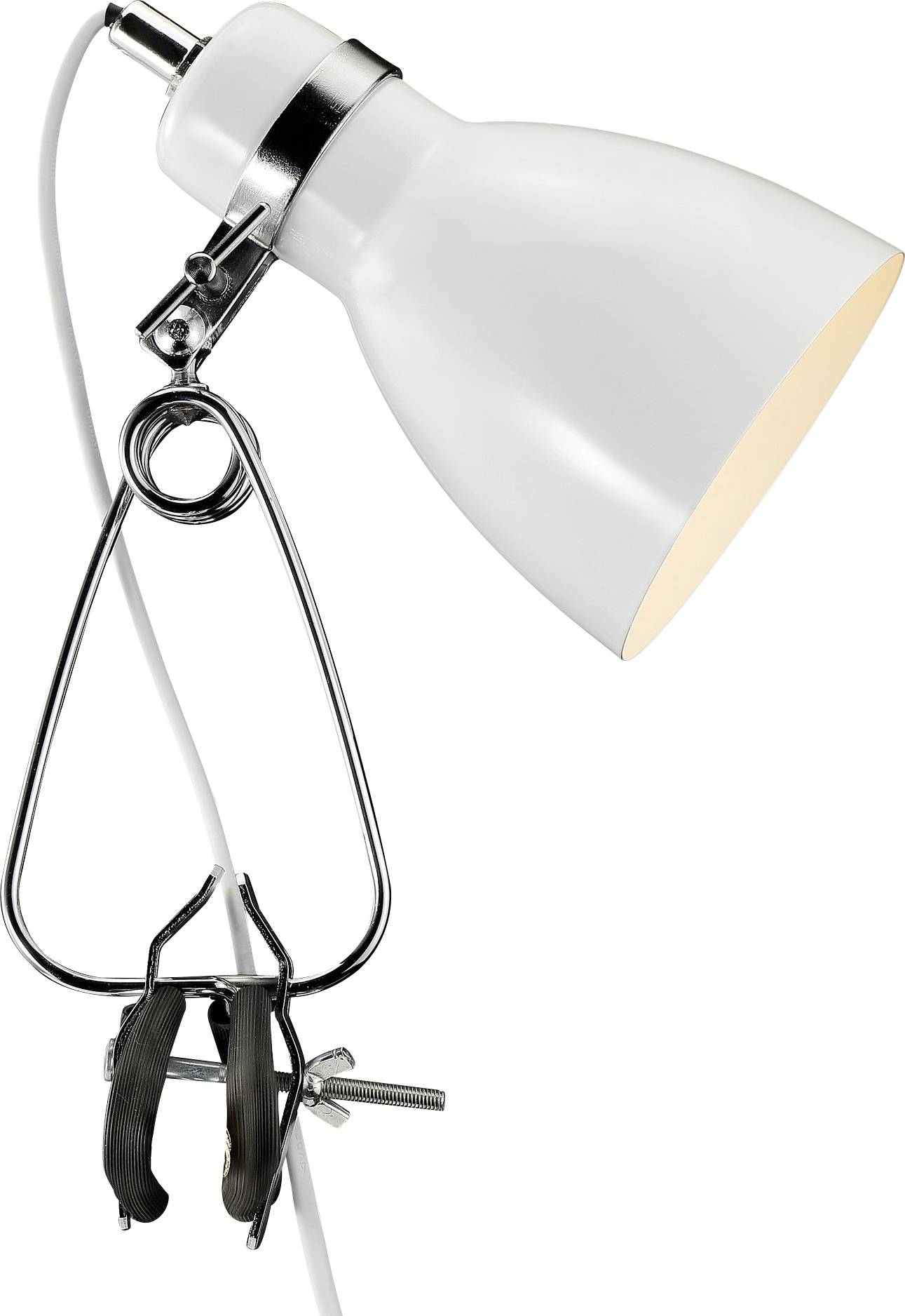 Eine weiße Klemmleuchte mit metallischer Klemme, entwickelt für einfache Befestigung an Oberflächen. Sie hat einen klassischen Kegelschirm, der das Licht nach unten richtet.