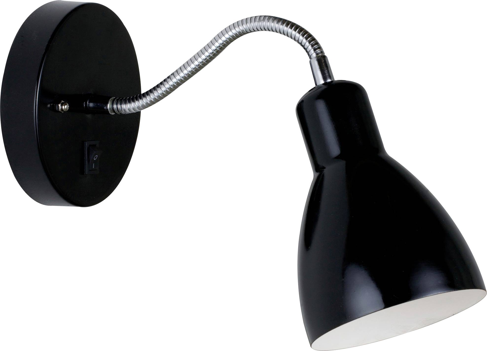 Eine an der Wand montierte schwarze Lampe mit flexiblem Arm und kegelförmigem Lampenschirm, der nach unten gerichtet ist, geeignet für Arbeitsleuchten oder Lesebeleuchtung.