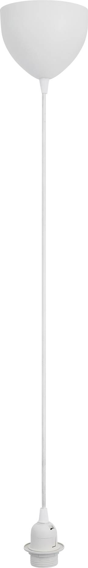 Eine weiße Hängeleuchte für die Decke mit langem Stiel und Lampenfassung, entworfen für die Inneninstallation.