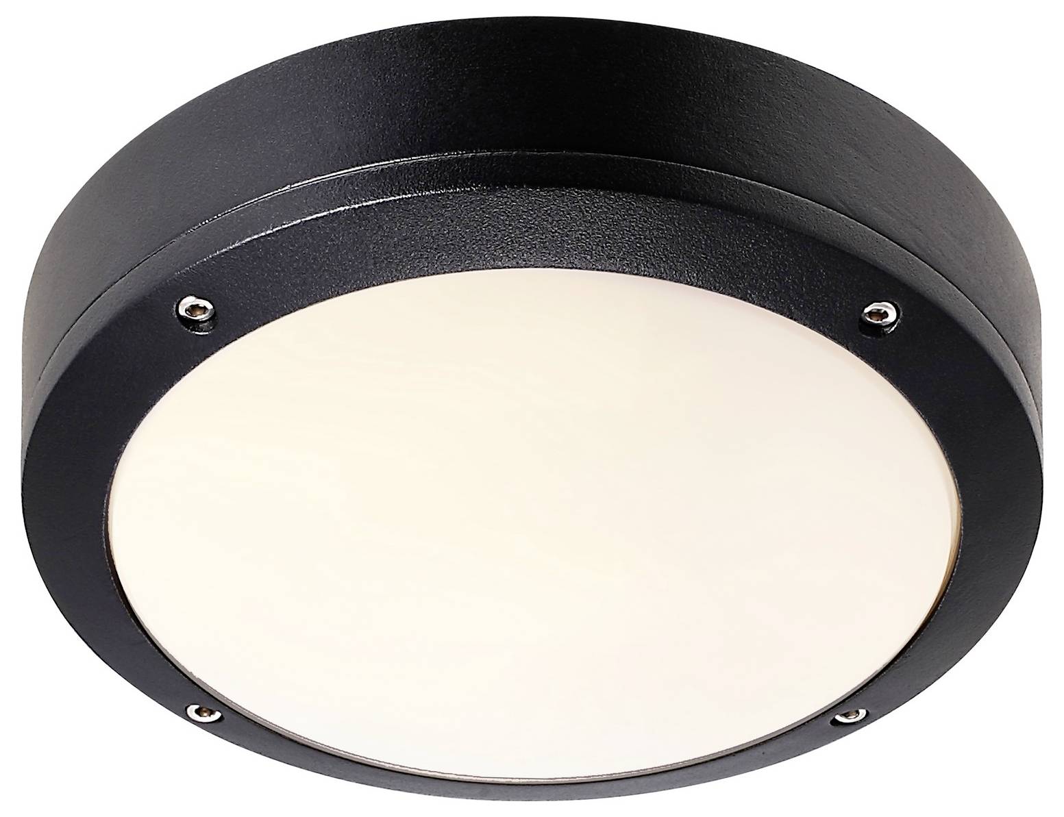 Eine runde, bündig montierte Deckenleuchte mit schwarzem Metallrahmen und mattiertem Glasdiffusor, geeignet für moderne Innenräume.