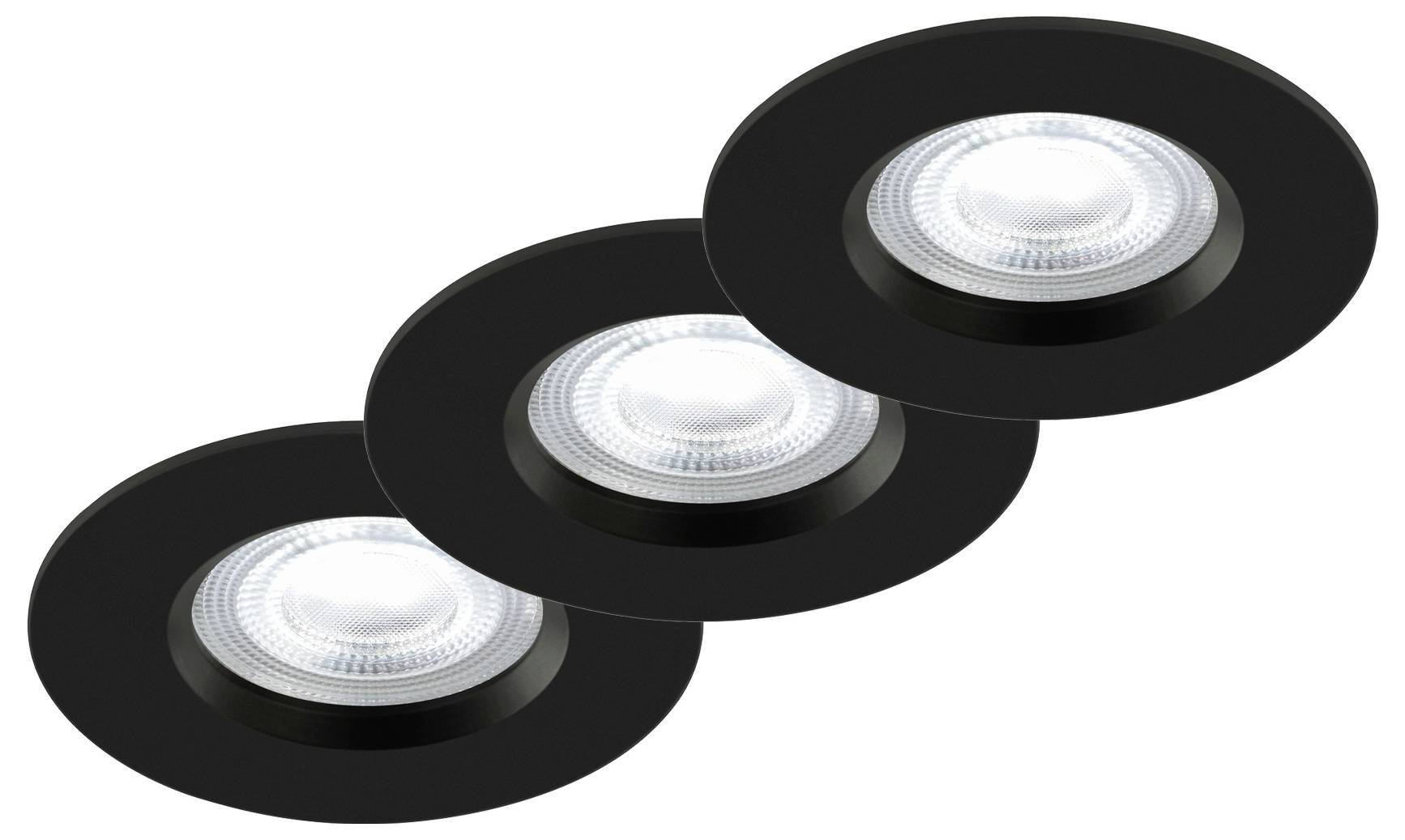 Drei schwarze runde LED-Einbauleuchten in einer Reihe angeordnet, jede mit hellem weißem Licht leuchtend.