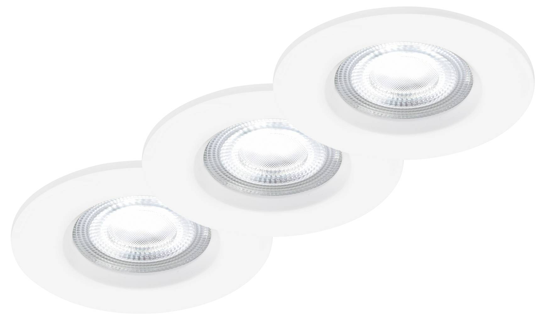 Drei runde, eingelassene LED-Deckenleuchten sind abgebildet, die ein helles weißes Licht ausstrahlen. Die Leuchten sind in einer Reihe auf weißem Hintergrund angeordnet.