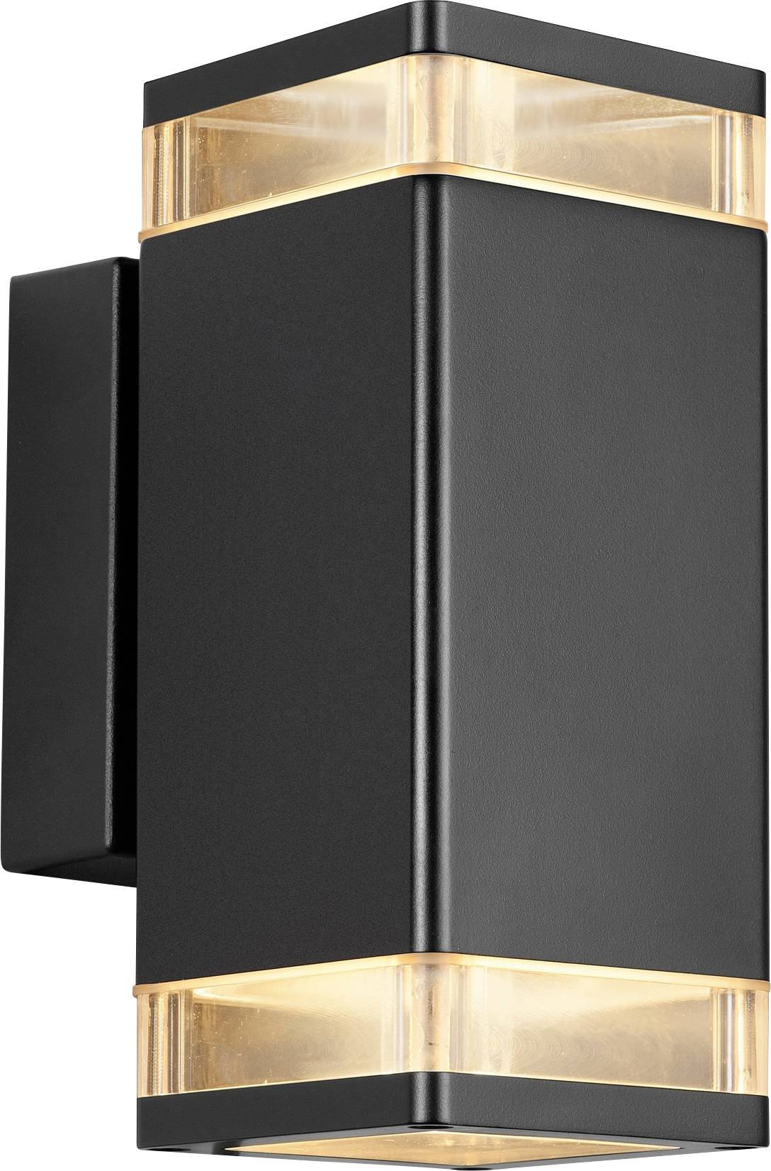 Eine moderne schwarze Wandleuchte mit eckigem Design und Glasakzenten, die warmes Licht von oben und unten abgibt und sich für den Innen- oder Außenbereich eignet.