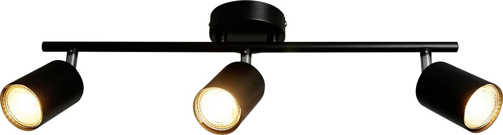 Ein schwarzes Deckenleuchten-Schienensystem mit drei verstellbaren zylindrischen Spotlights, die jeweils beleuchtet sind und an einer horizontalen Schiene befestigt sind.