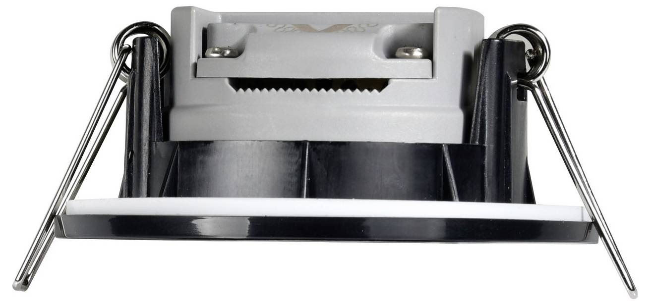 Runde, versenkte Deckenleuchte mit zwei metallischen Federklemmen an den Seiten, von der Seite betrachtet, mit schwarzem und weißem Gehäuse.