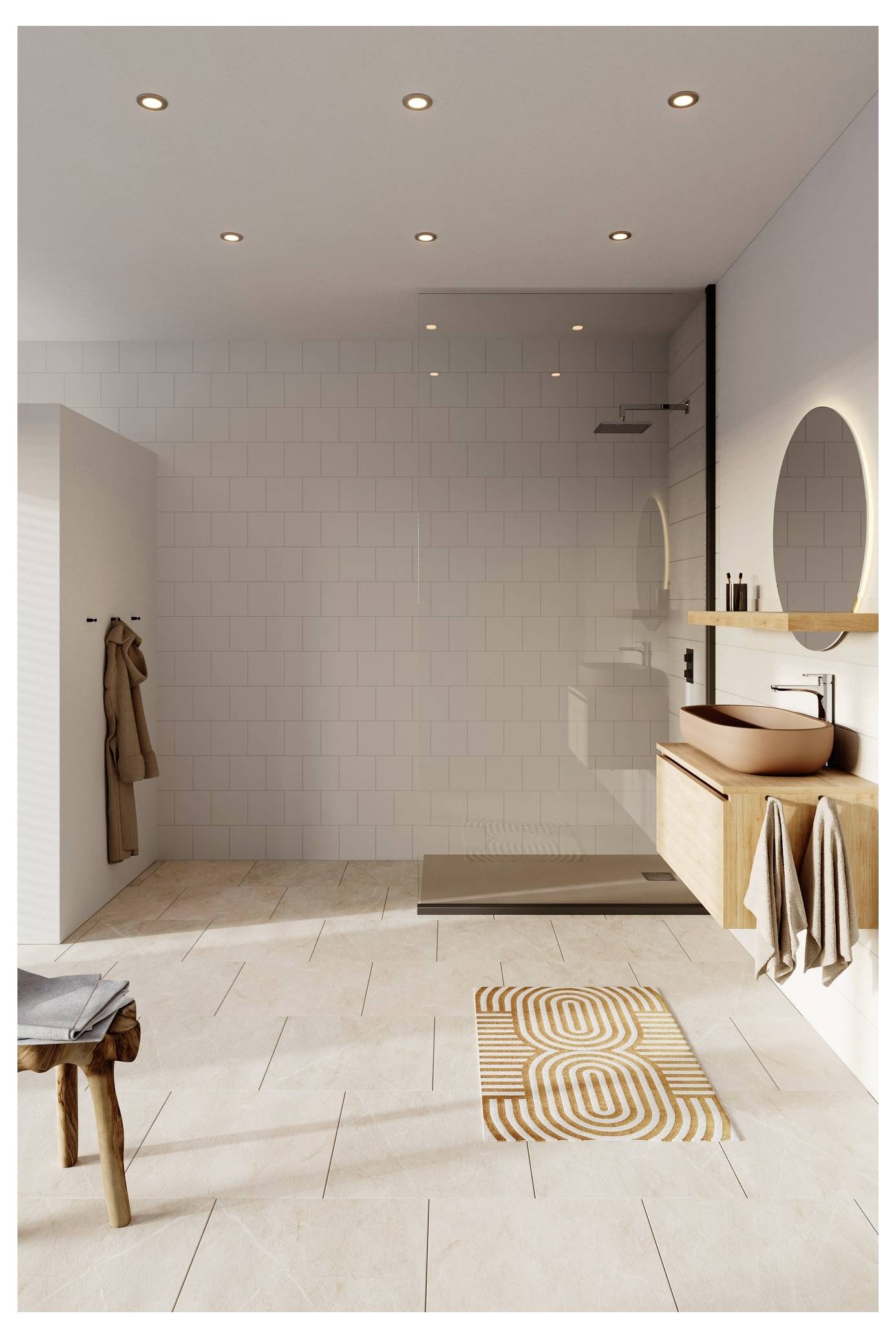 Ein modernes Badezimmer verfügt über eine große begehbare Dusche mit weißen Fliesen, einen runden Spiegel über einem Holzwaschtisch und einen gemusterten Teppich auf dem Boden.