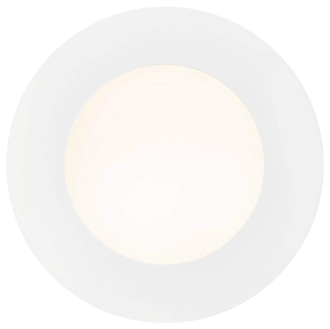 Ein runder, bündiger Deckenspot, der ein weiches, weißes Licht ausstrahlt.