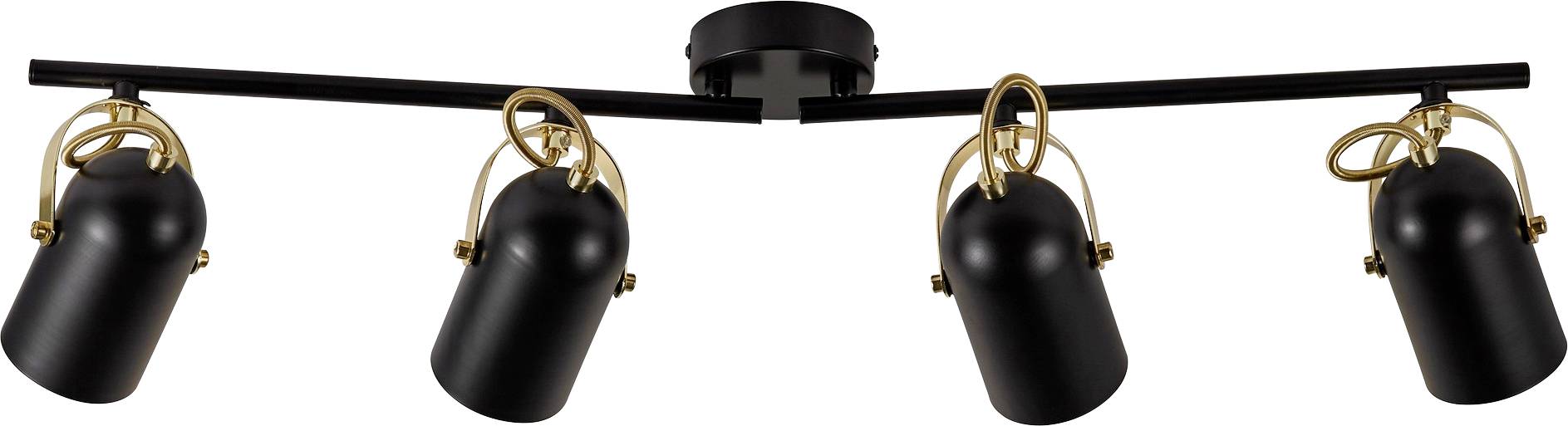 Eine schwarze und goldene vierflammige Deckenleuchte mit verstellbaren Spotlights, die auf einer geraden Stange montiert sind.