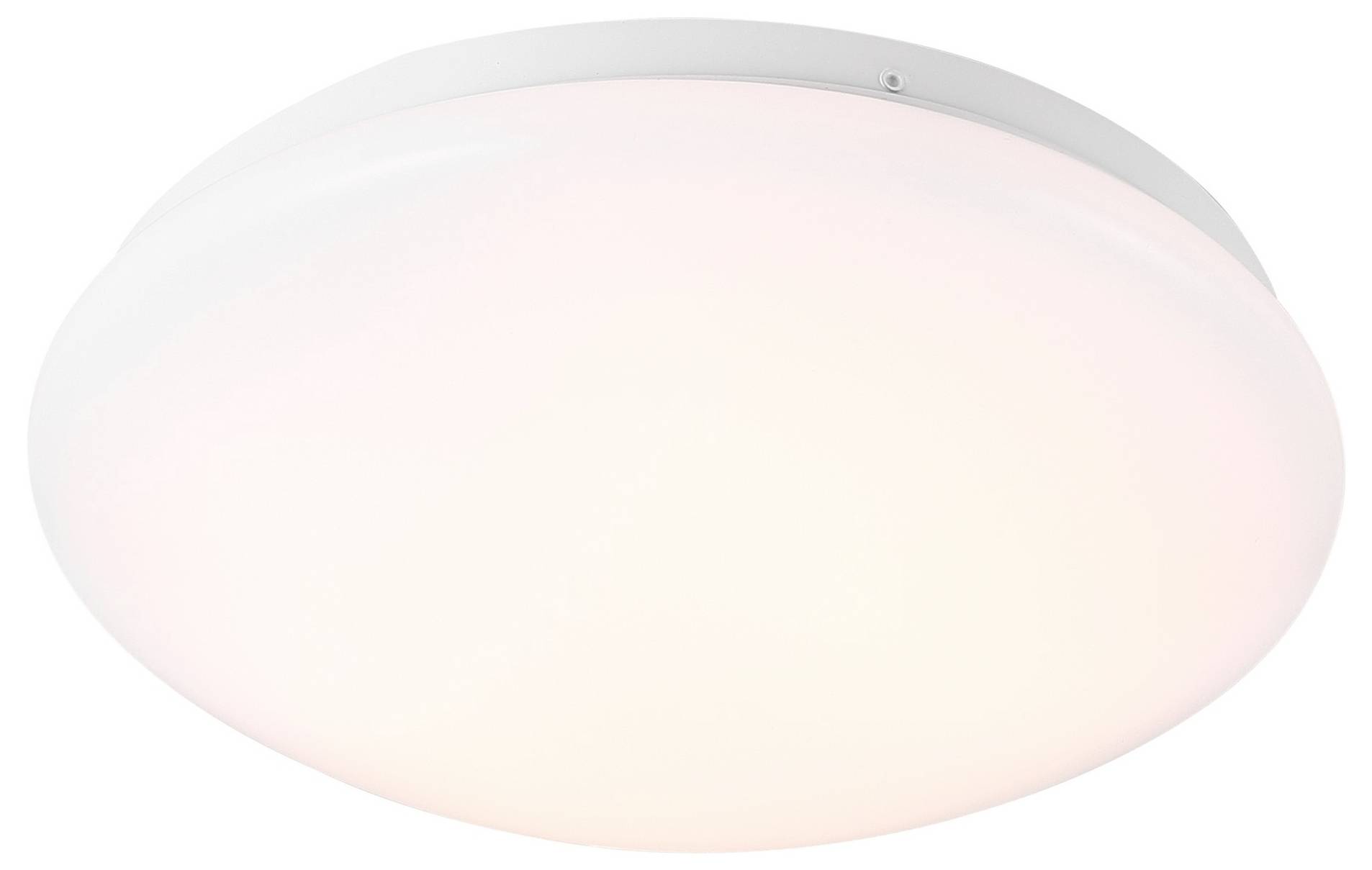 Eine kreisförmige weiße Deckenleuchte mit einer glatten, mattièrten Oberfläche, die ein warmes Licht ausstrahlt.