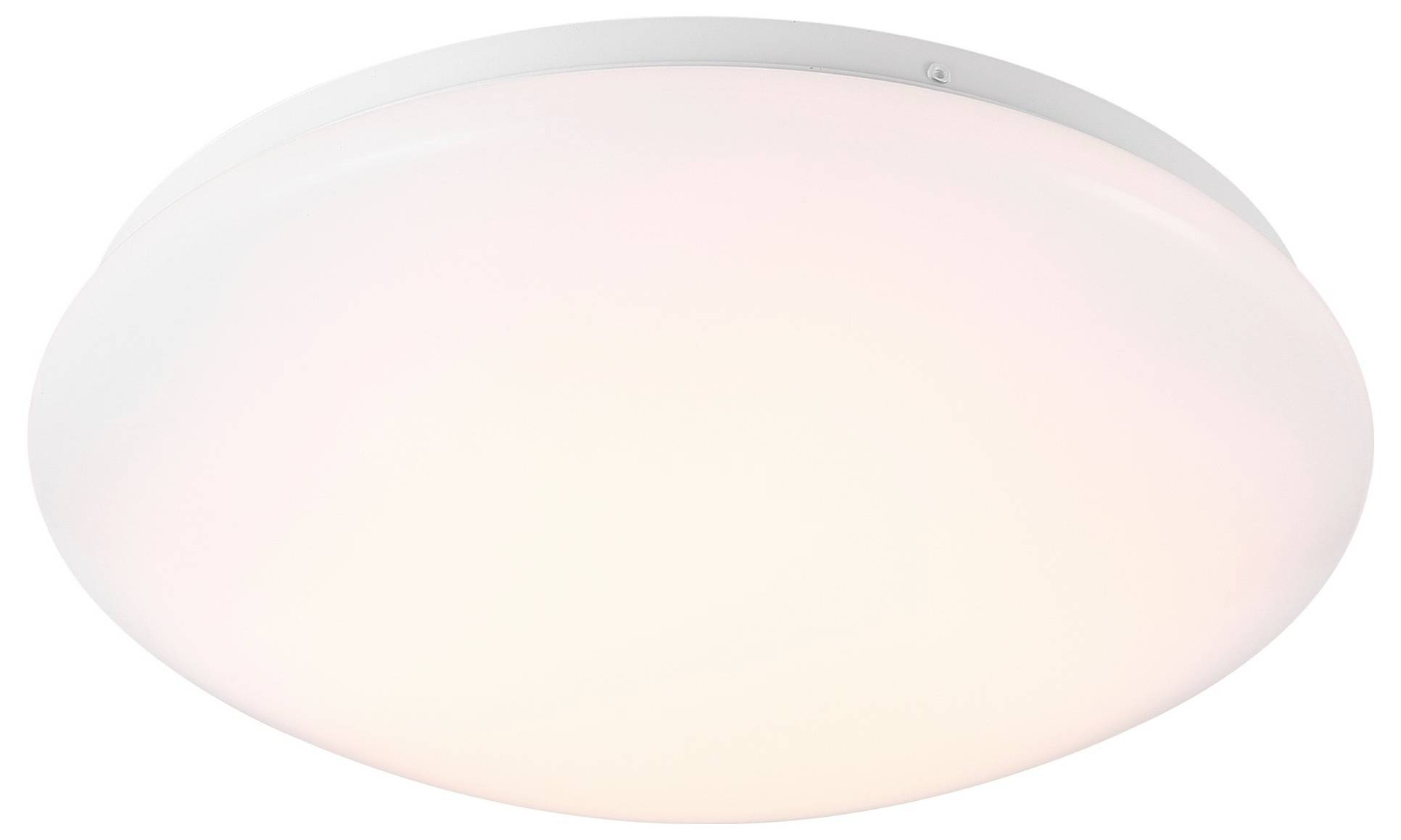 Eine runde, weiße Deckenleuchte mit einer glatten, ebenen Oberfläche, die sanft leuchtet und an einer Decke montiert ist.