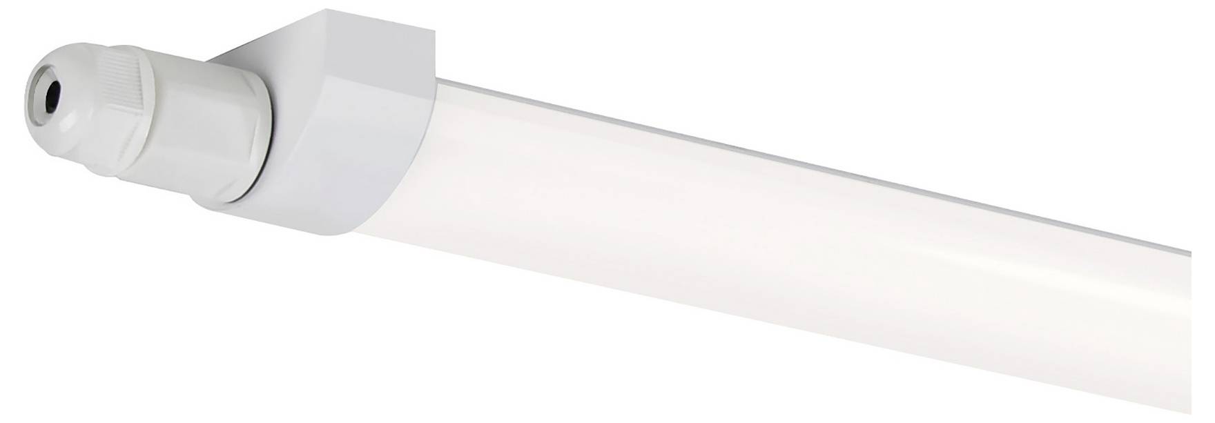 Eine weiße LED-Röhrenleuchte mit grauer Endkappe, konzipiert für energieeffiziente Beleuchtung in Innenräumen.
