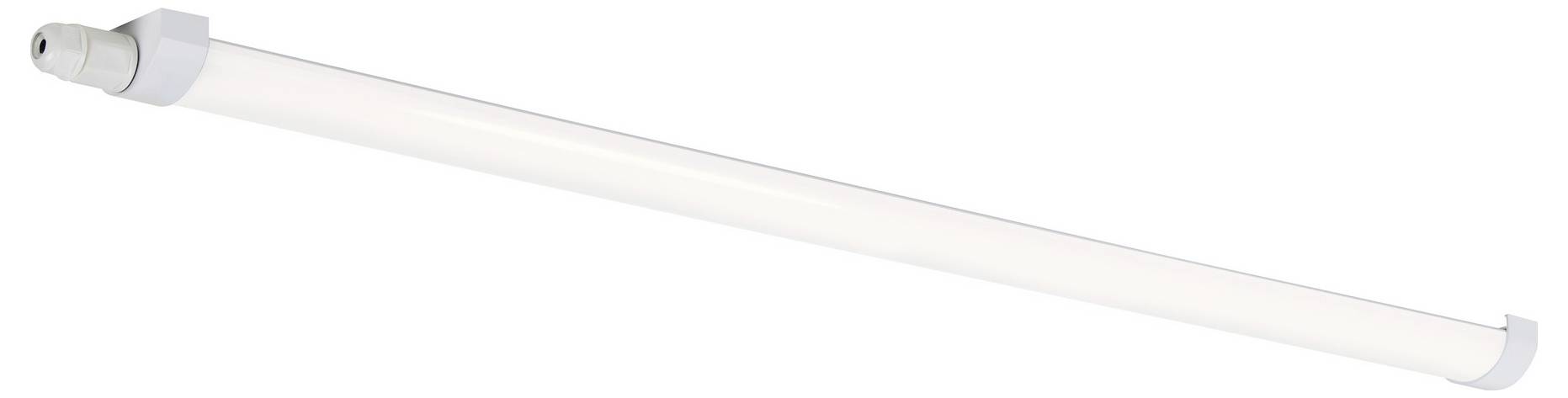 LED-Röhrenleuchte mit weißem zylindrischem Gehäuse und grauen Endkappen, leicht nach oben rechts geneigt.