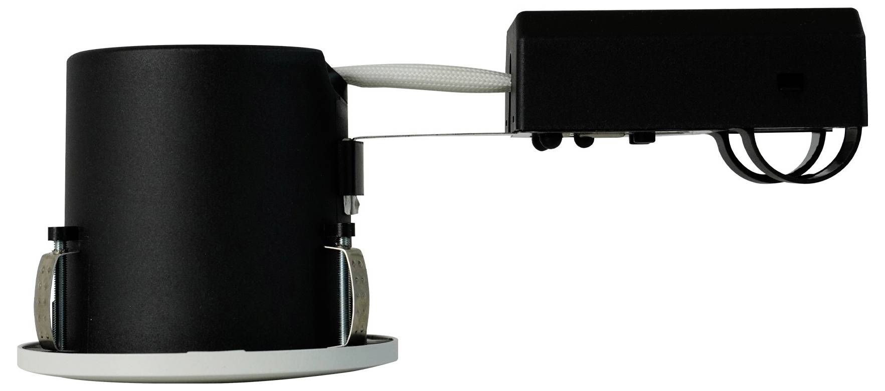 Ein schwarzes, zylindrisches, bündiges Deckenleuchtengehäuse mit angeschlossenem rechteckigem Gehäuse, geeignet für moderne Innenbeleuchtungsinstallationen.