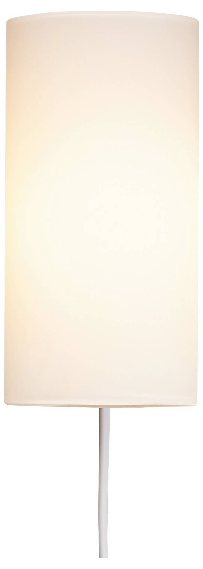 Eine weiße zylindrische Wandleuchte gibt weiches, warmes Licht gegen einen neutralen Hintergrund ab.