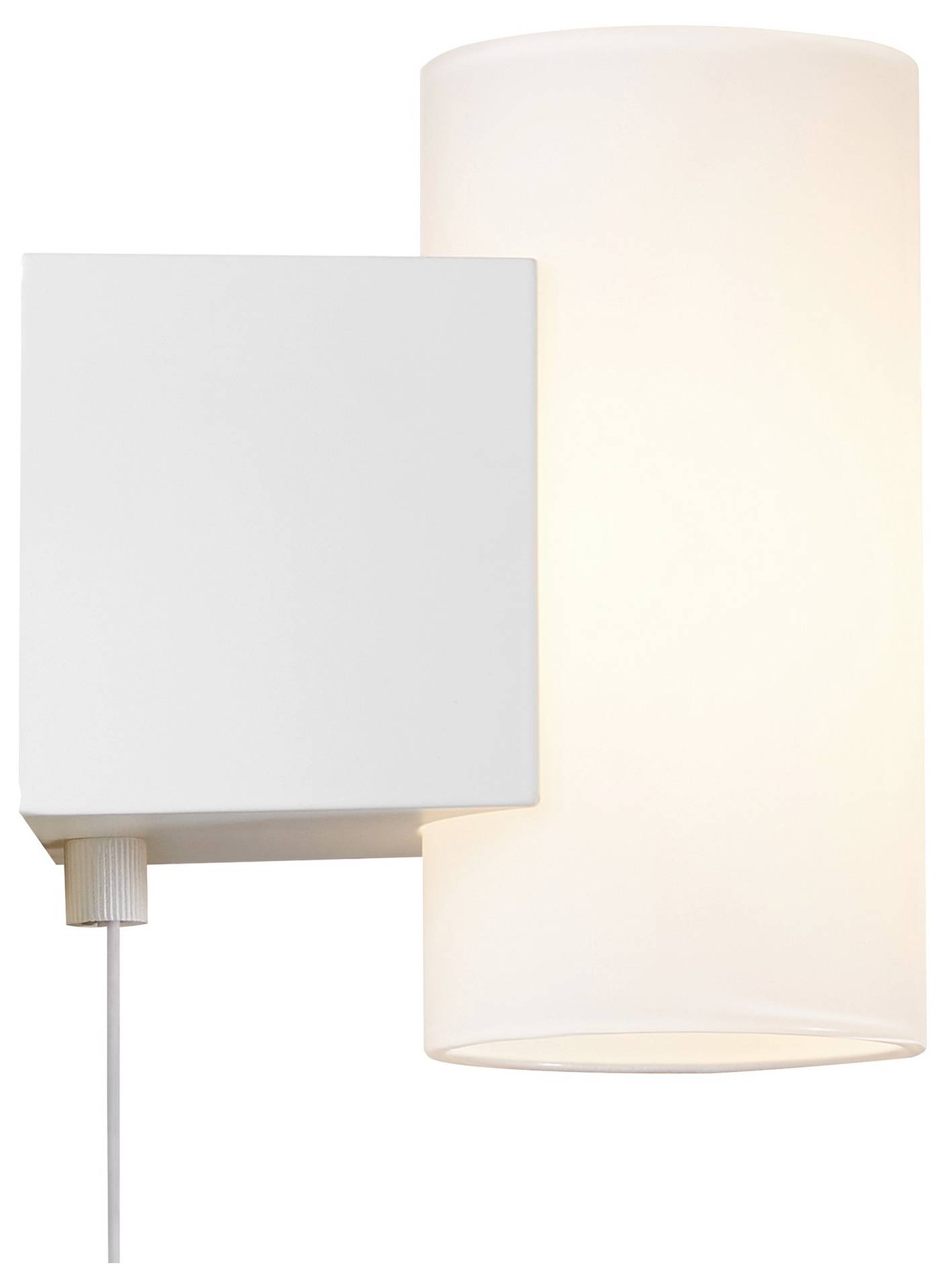 Eine weiße Wandleuchte mit zylindrischem Schirm gibt weiches, warmes Licht ab; verfügt über ein Kabel mit einem Schalter auf der linken Seite.