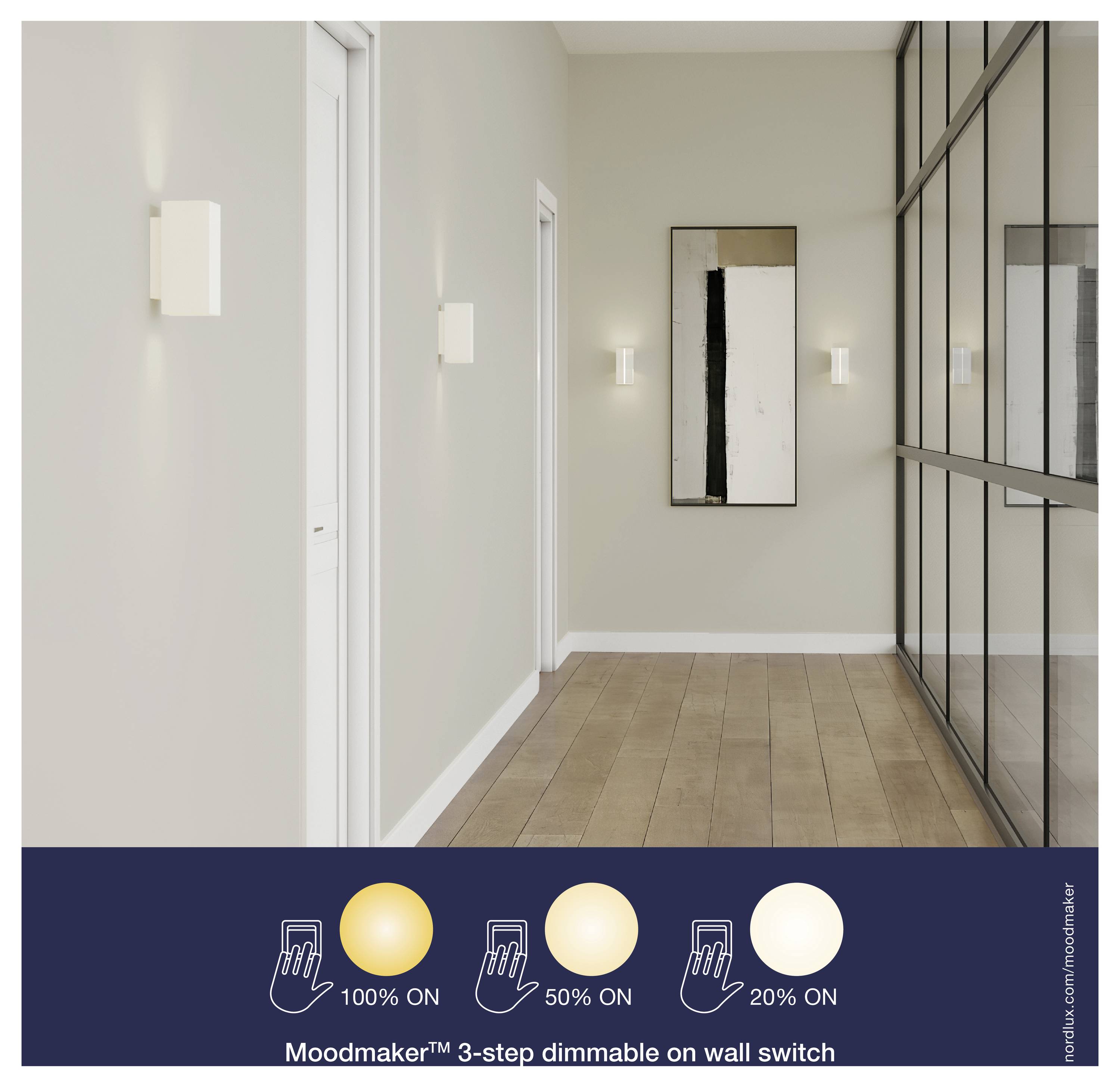 Ein Flur mit modernen Wandleuchten zeigt die 'Moodmaker™ 3-Stufen-Dimmbar am Wandschalter' bei 100%, 50% und 20% Helligkeitsstufen.
