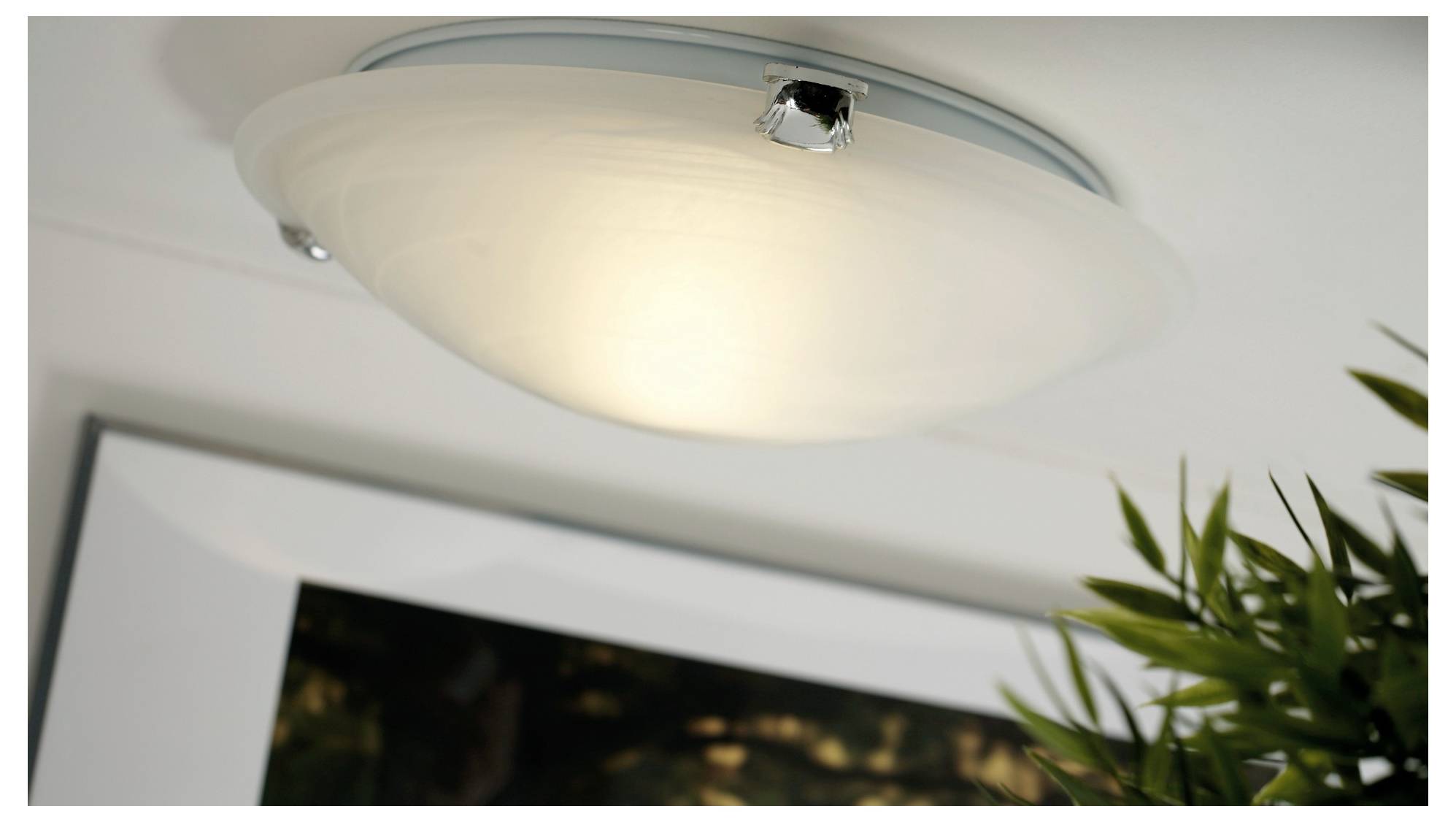 An der Decke montierte Kuppelleuchte erleuchtet, mit einem Teil eines gerahmten Bildes und einer grünen Pflanze darunter sichtbar.