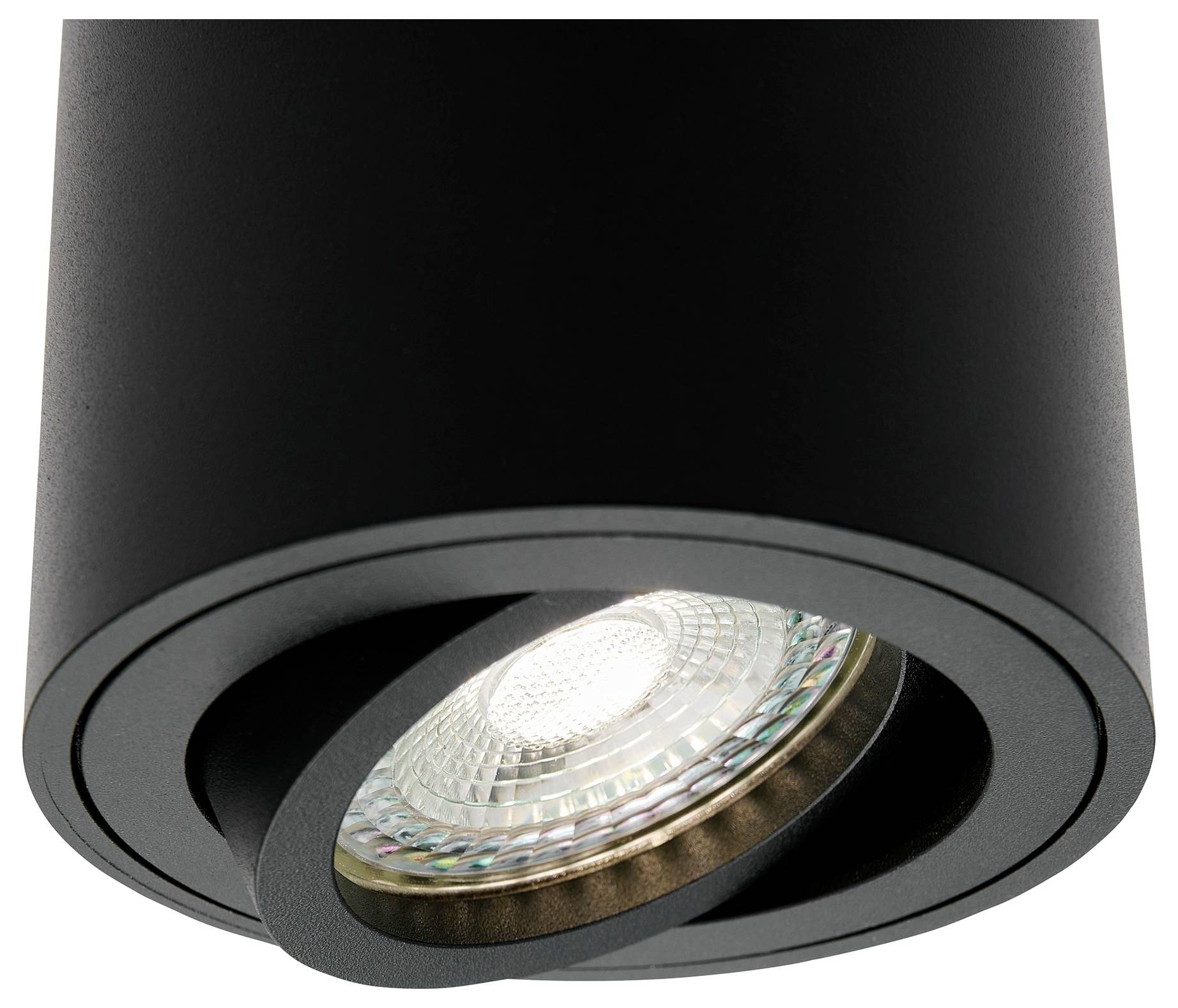 Ein modernes, schwarzes, eingelassenes Deckenleuchte mit einem verstellbaren Spotlight, das sein schlankes Design und die energieeffiziente Glühbirne hervorhebt.