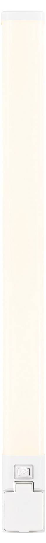 Eine vertikale LED-Leuchtenröhre mit weißem Sockel und einem sanften gelblichen Glimmer.
