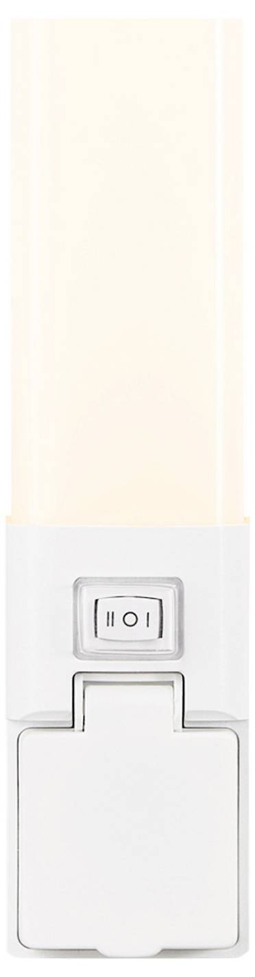 Eine rechteckige, vertikale LED-Nachtleuchte mit einem Schalter in der Mitte und einer kleinen Steckdosenabdeckung darunter. Die Oberseite strahlt ein sanftes, warmes Licht ab.