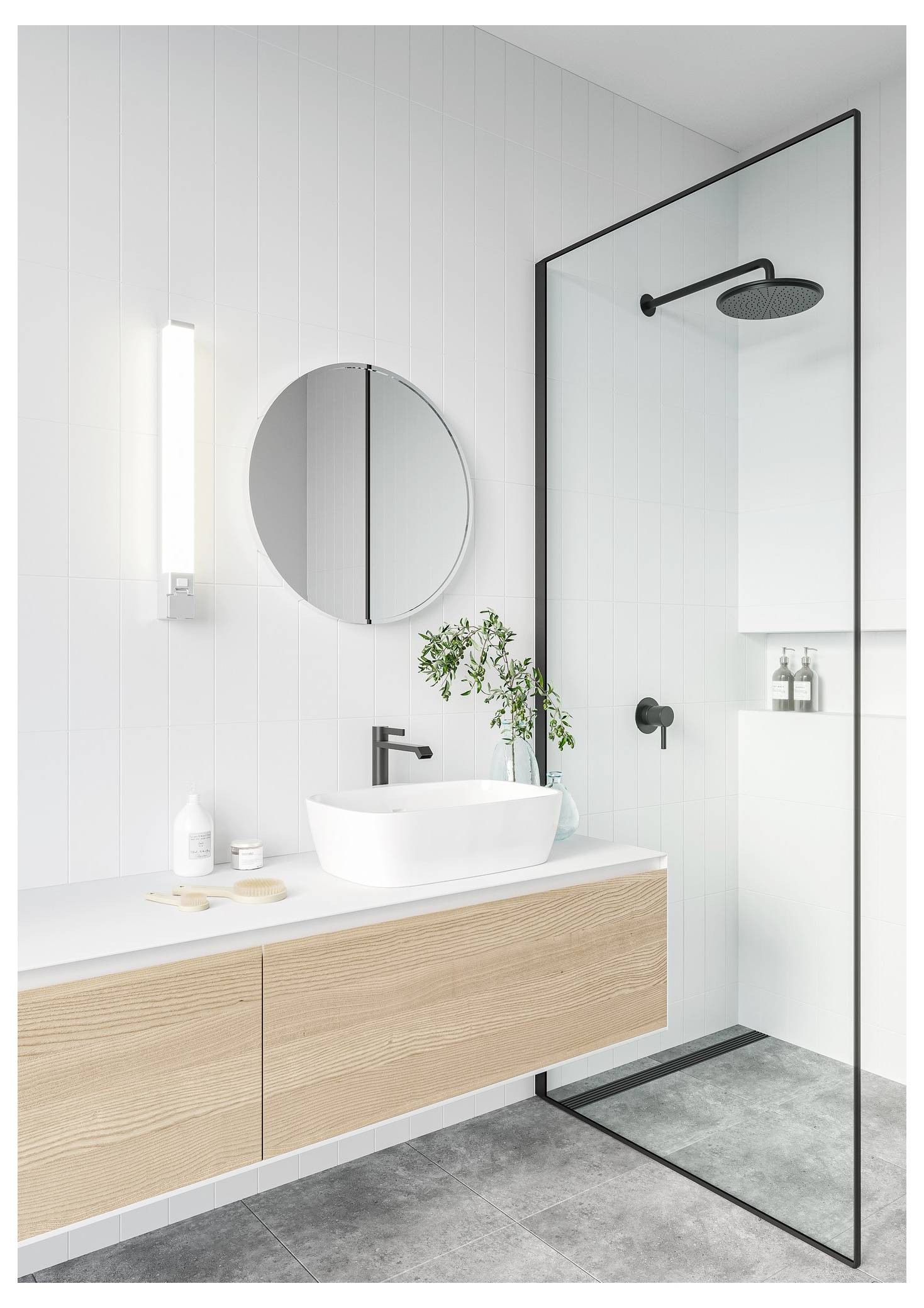 Modernes Badezimmer mit rundem Spiegel, wandmontierter Leuchte, schwebendem Holzwaschbecken mit weißem Waschbecken und Glassduschkabine.