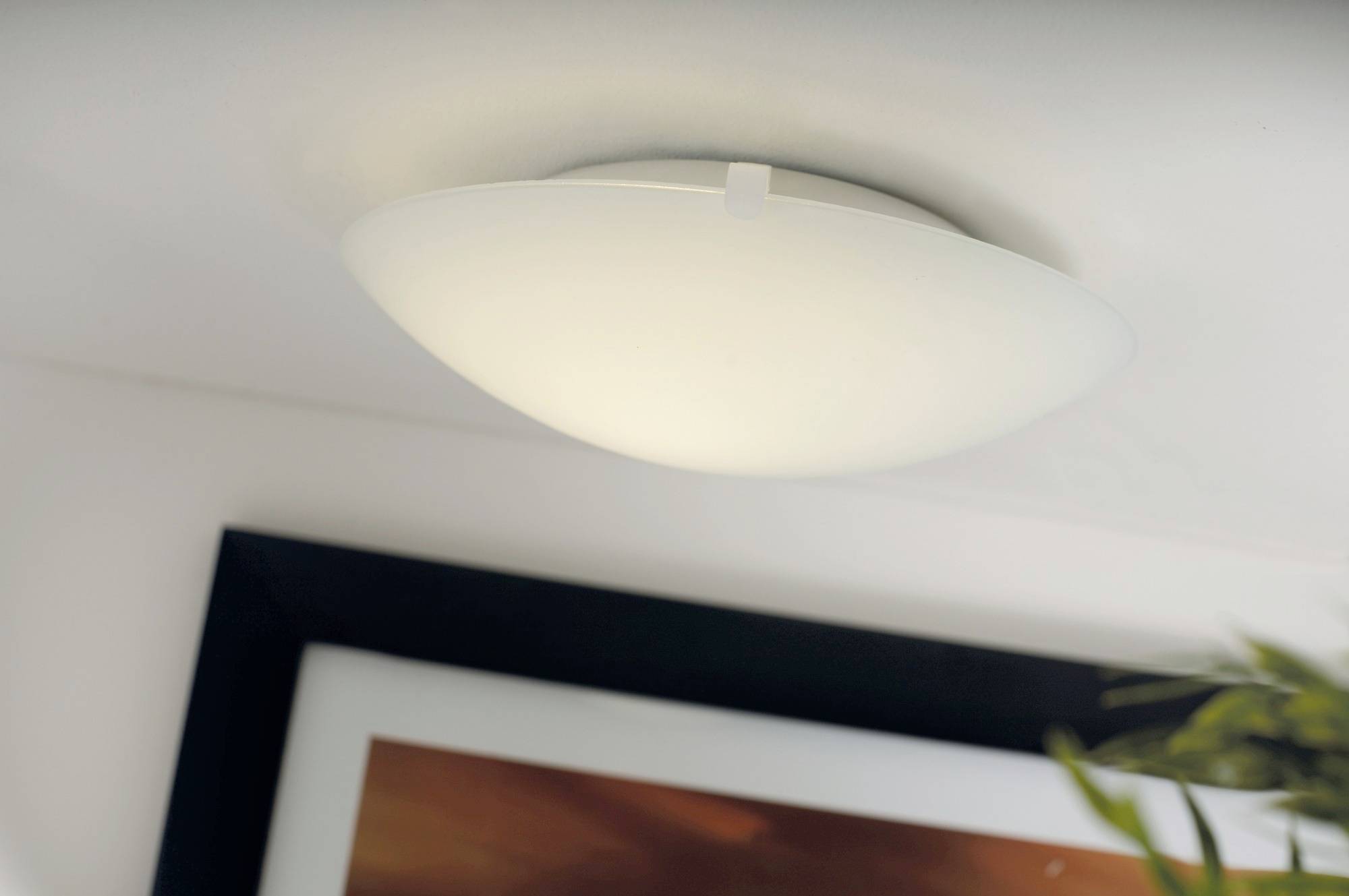 Eine an der Decke montierte, kuppelförmige Leuchte ist in einer modernen Inneneinrichtung beleuchtet und befindet sich teilweise über einem gerahmten Kunstwerk und Grünpflanzen.