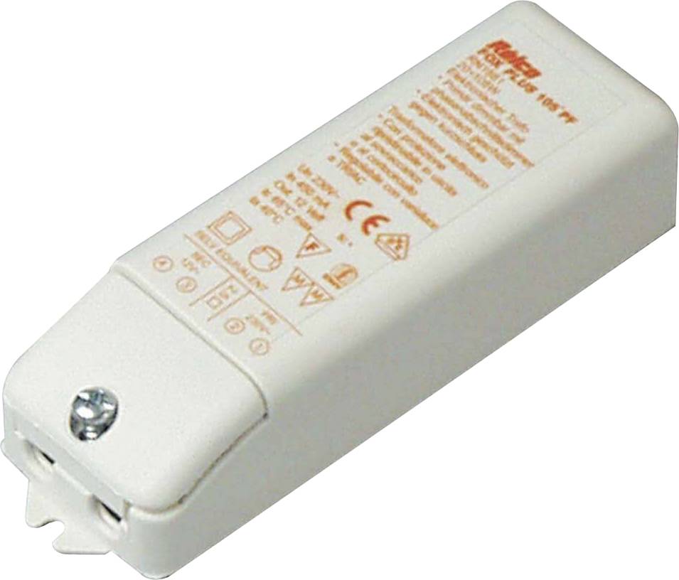 Ein weißes elektronisches LED-Treiber-Gerät mit orangefarbenem Text, der technische Spezifikationen und Compliance-Symbole wie CE und Recycling-Symbole aufzeigt.